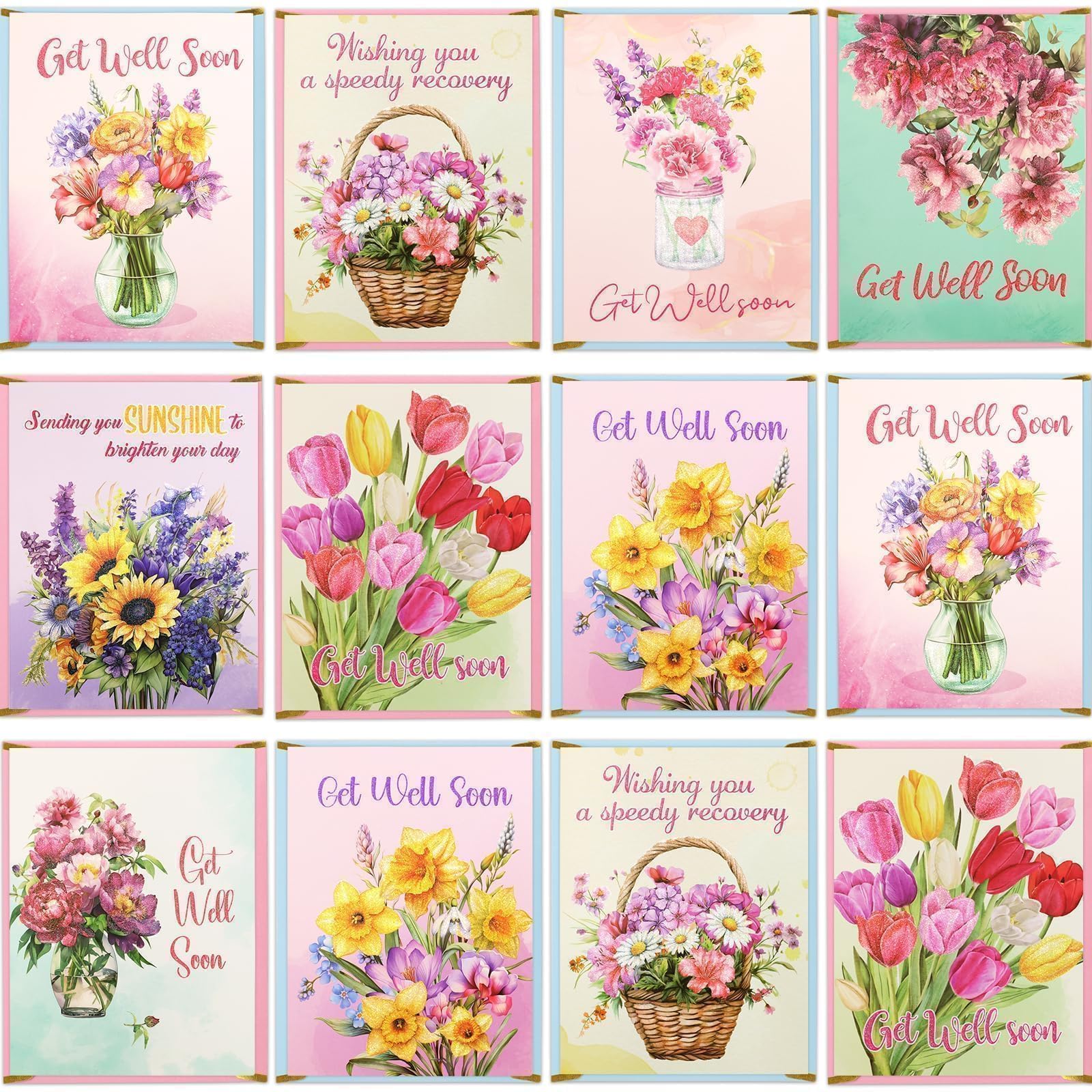 Fancy Land 24 Pack Get Well Cards Glitter Floral Get Well Greeting Cards with Envelopes Stickers Family Friends Blank Inside