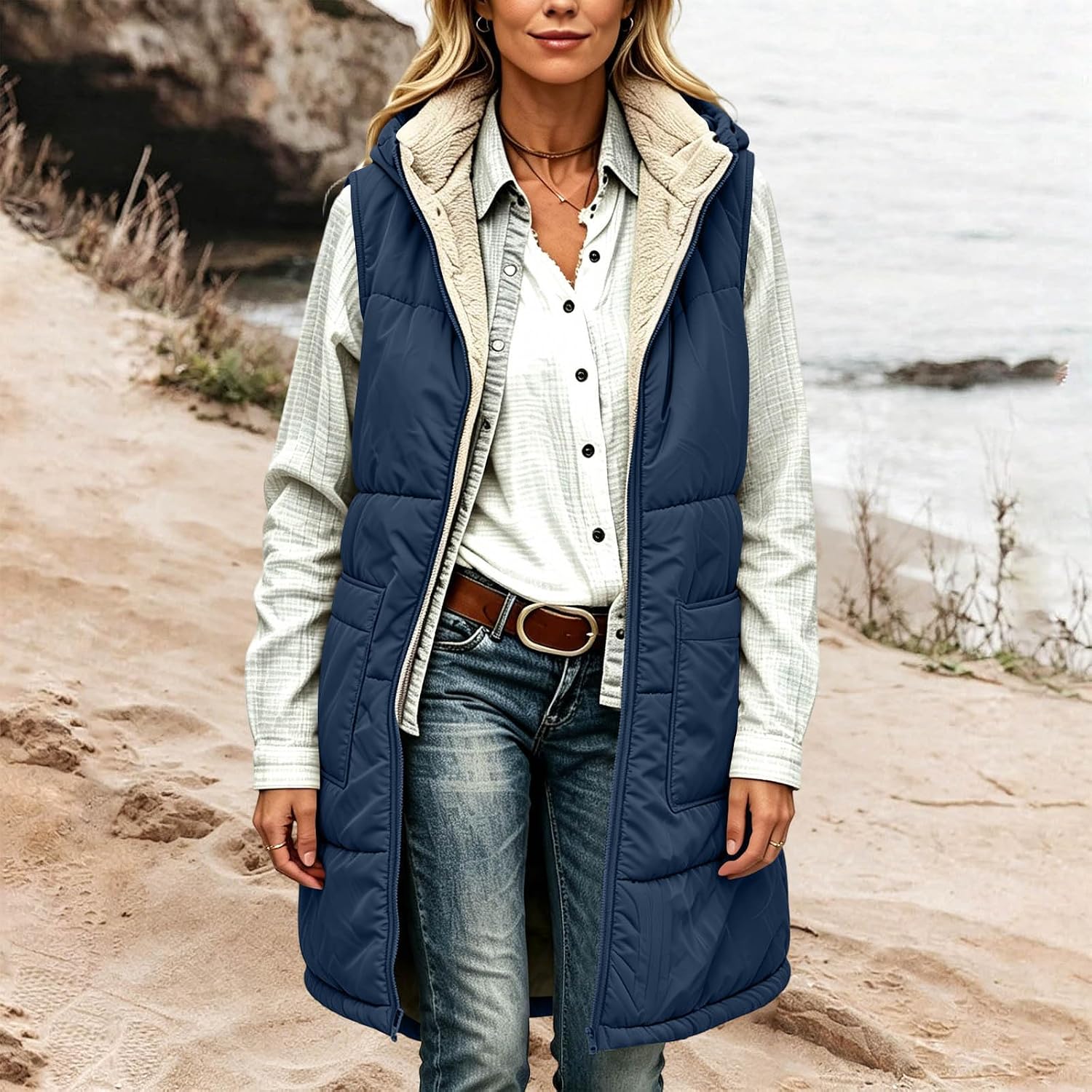 Women's Long Puffer Vest Hooded Quilted Winter Coat Fleece Lined | Cropped Vest Women Navy Womans Teddy Jacket Long Winter For Khaki Womens Warm Jackets Puffy Fuzzy Red And White Cute Casual