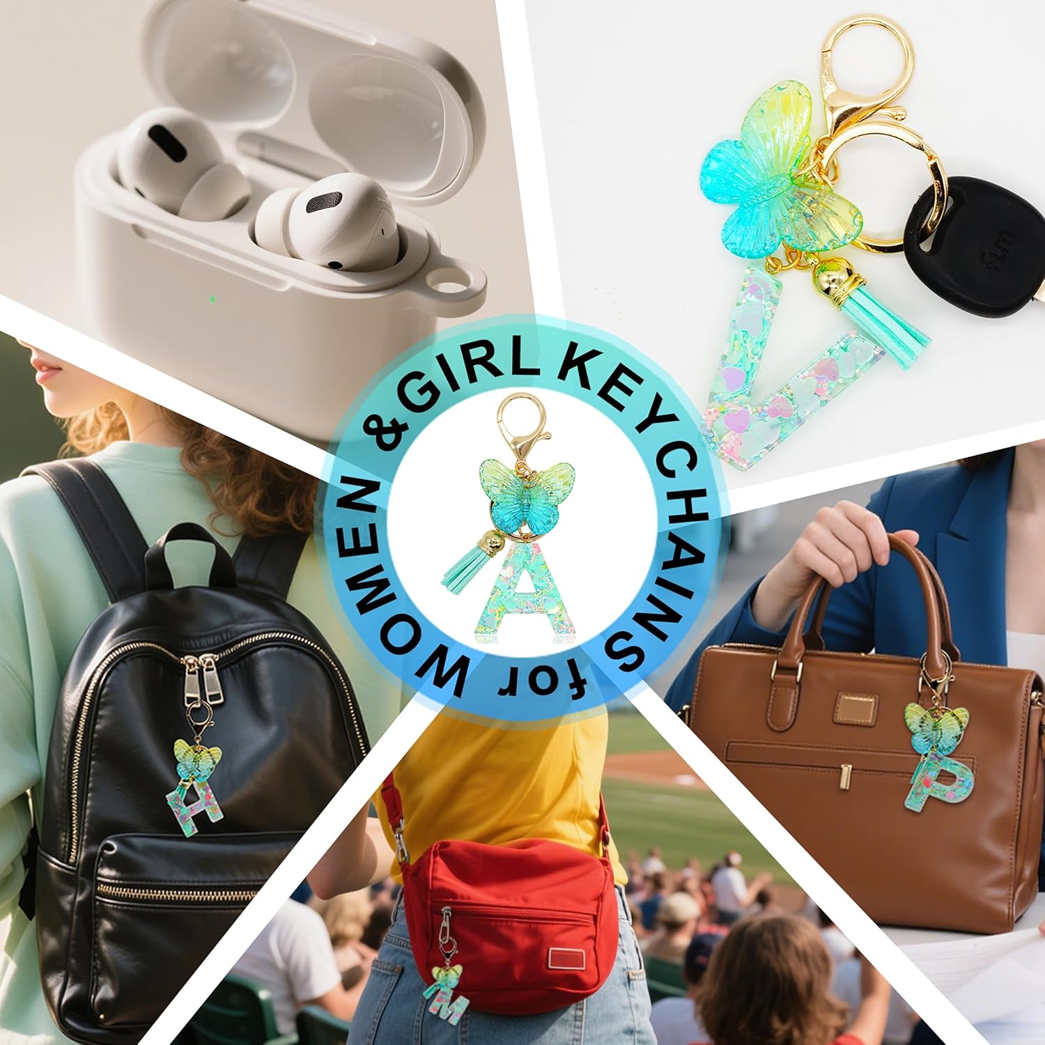 Alphabet Initial Letter Keychains for Women Blue Green Tassel Butterfly Pendant Car Key Ring for Backpack Handbags Charm - Image 7
