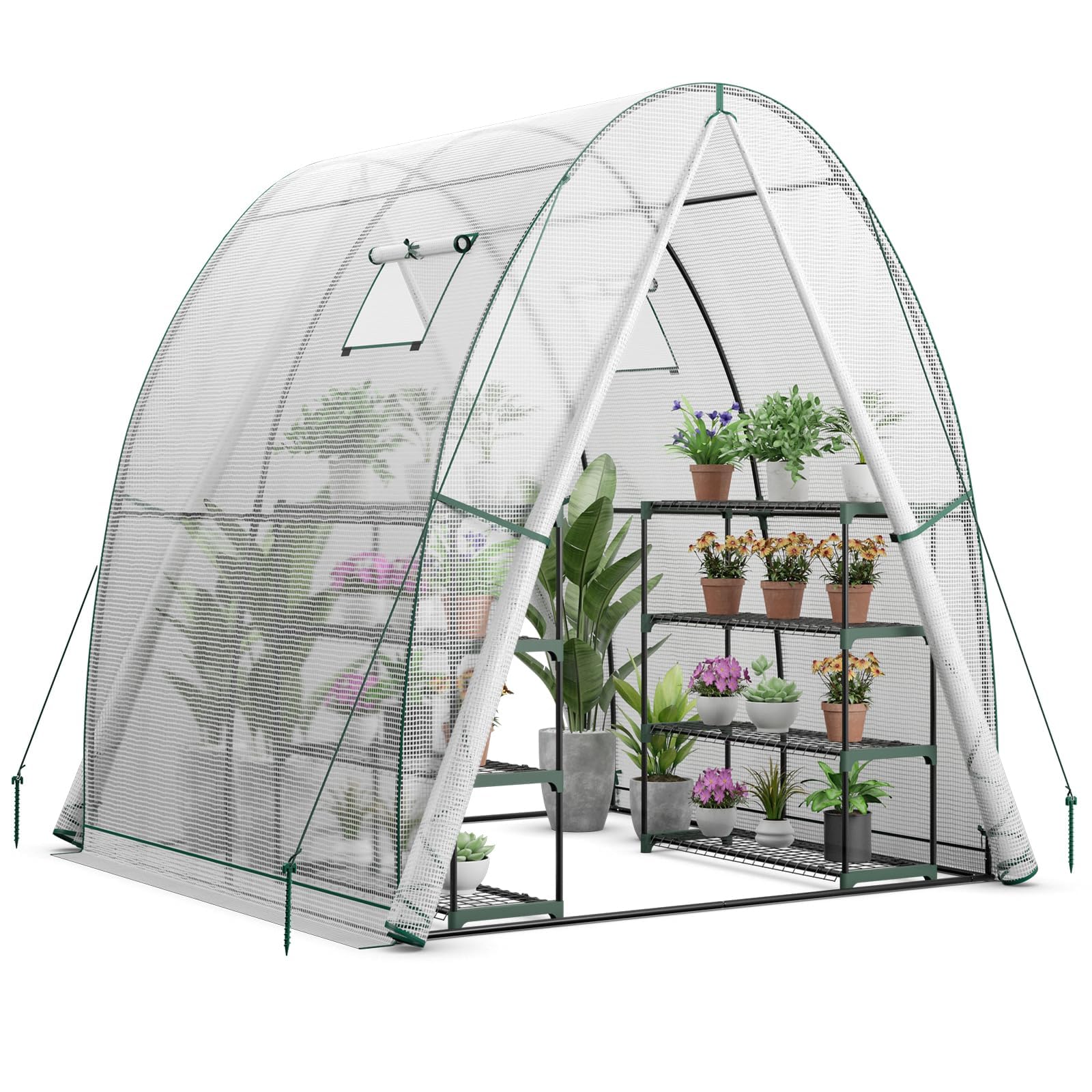 RELAX4LIFE Foliengewächshaus 181 x 181 x 200cm, Gewächshaus PE-Abdeckung Metallrahmen, Treibhaus mit 2 Fenstern Rolltür Seitentaschen, Pflanzenhaus für Gemüse Obst Blumen (Weiß)