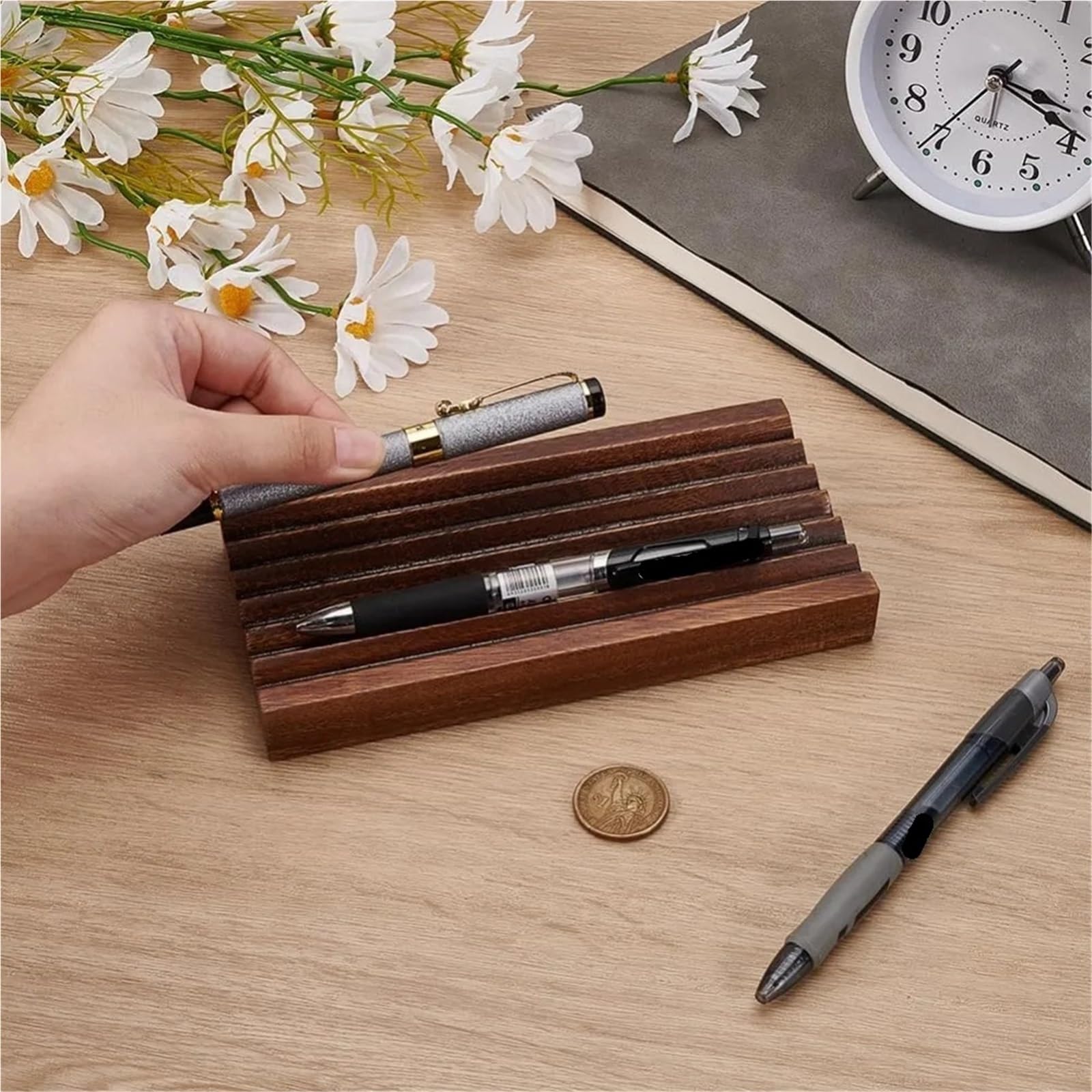 Expositor de Plumas Estilográficas Portalápices rectangular horizontal de nogal, organizador de escritorio de madera con 6 ranuras, elegante pluma estilográfica.