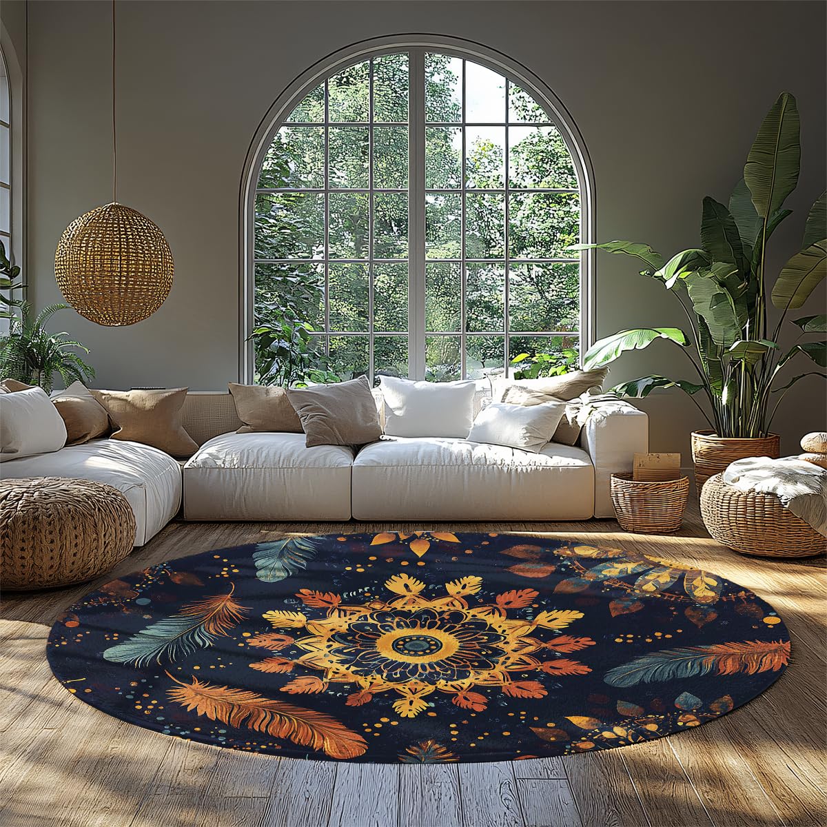 Tapis rond 180cm abstrait moderne lavable en machine à motif de plumes ethniques pour salon