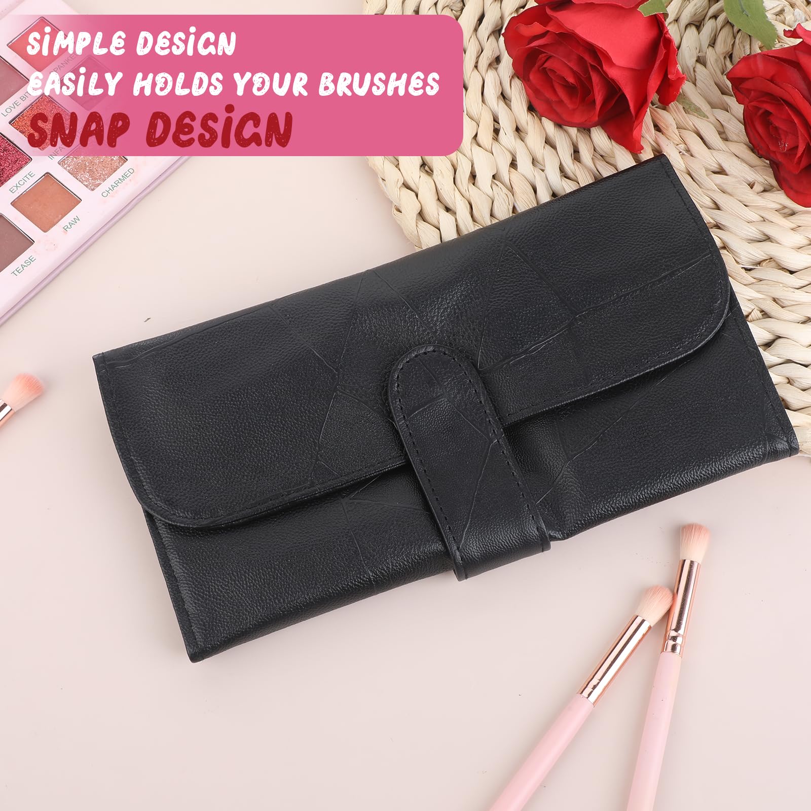 JJUNW Schwarz Reise Make-up Pinsel Tasche, Make-up Pinsel Roll Up Organizer Tasche, PU Leder Make-up Pinsel Fall Kosmetiktaschen Halter für Frauen kann 12 Tasche Kosmetik Pinsel halten