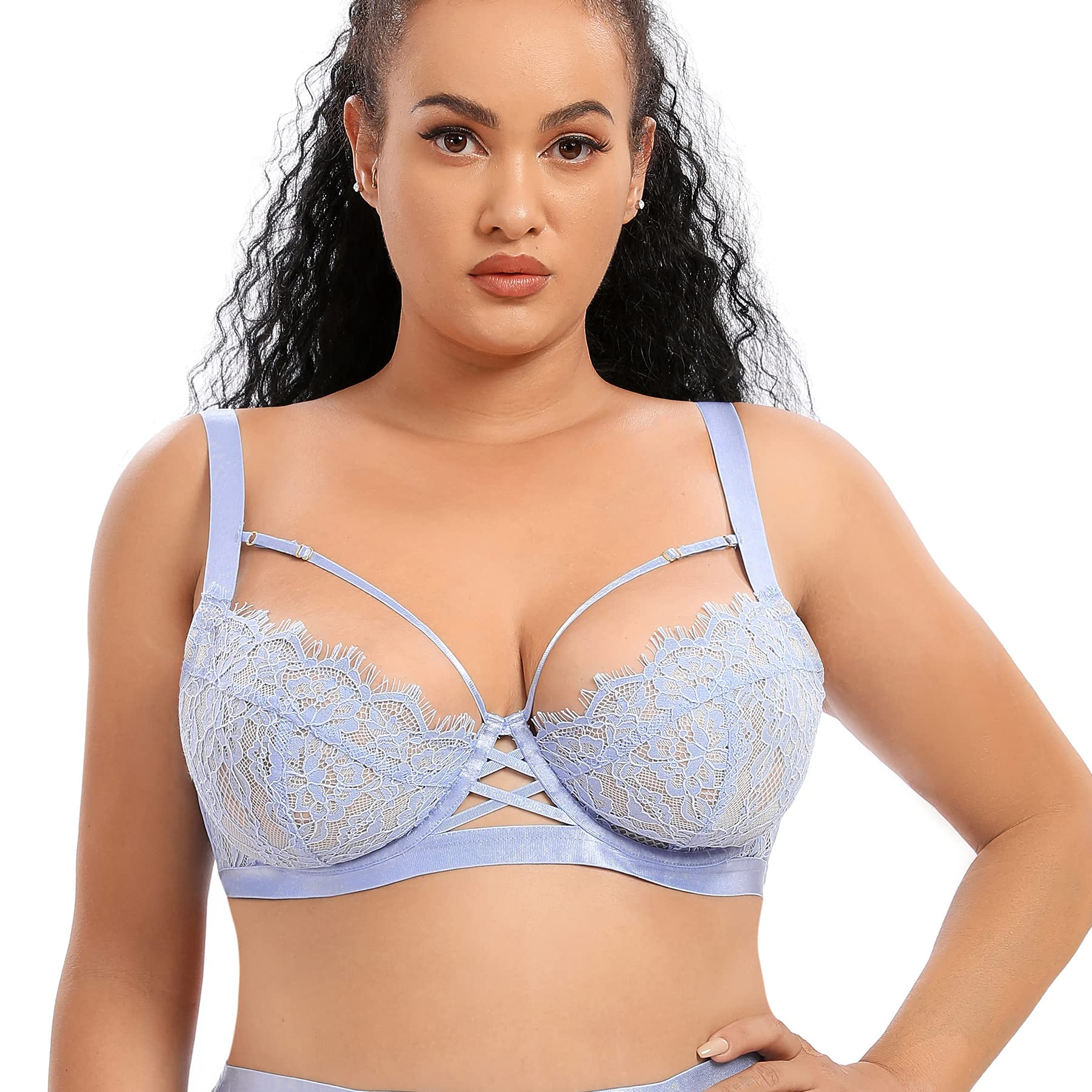 ANGABRIEL Women's Minimizer Eyelash Lace Bra Plus Size Full Figure Non-Padded Bra Underwire Unlined Sheer Bra(38C-44K