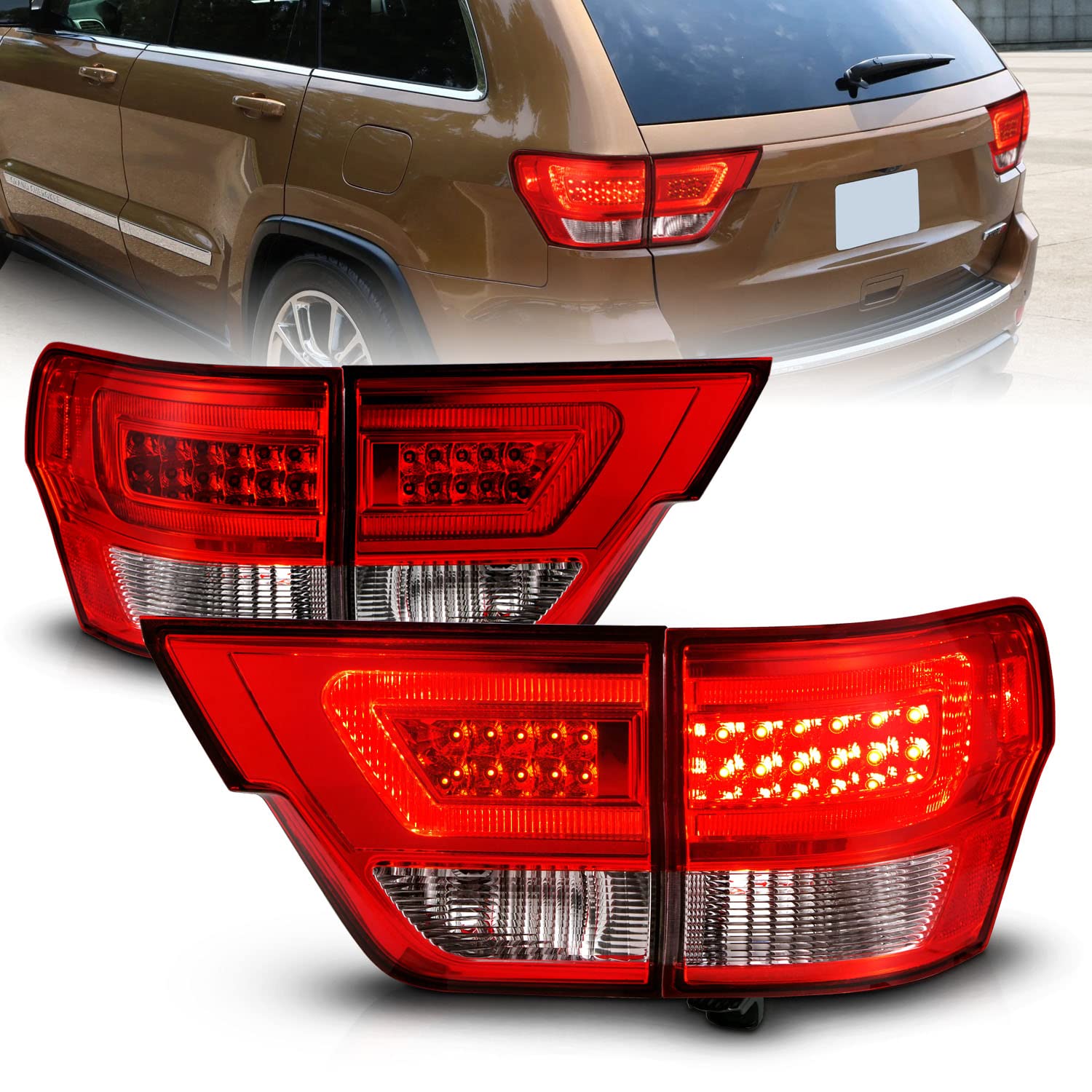 AmeriLite for 2011-2013 Jeep Grand Cherokee WK2 LED Tube Red Replacement Tail Lights Assembly Set - Passenger and Driver Side