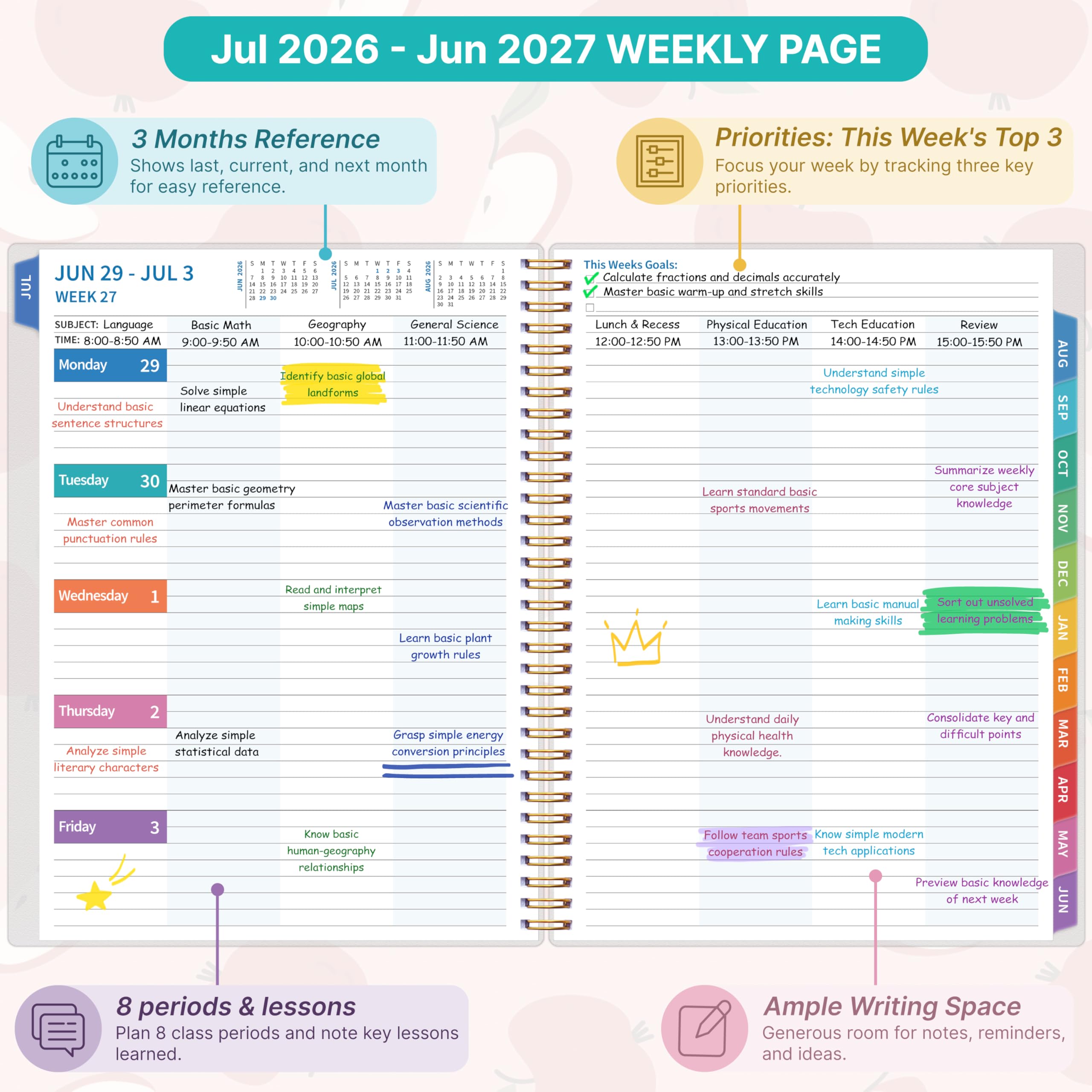Lehrerplaner 2026–2027, Lehrerplaner für das akademische Jahr, Juli 2026–Juni 2027, Unterrichtsplaner 2026–2027, Homeschool Planbuch, 21,6 x 27,9 cm mit Registerkarten und Tasche, flexibler Einband