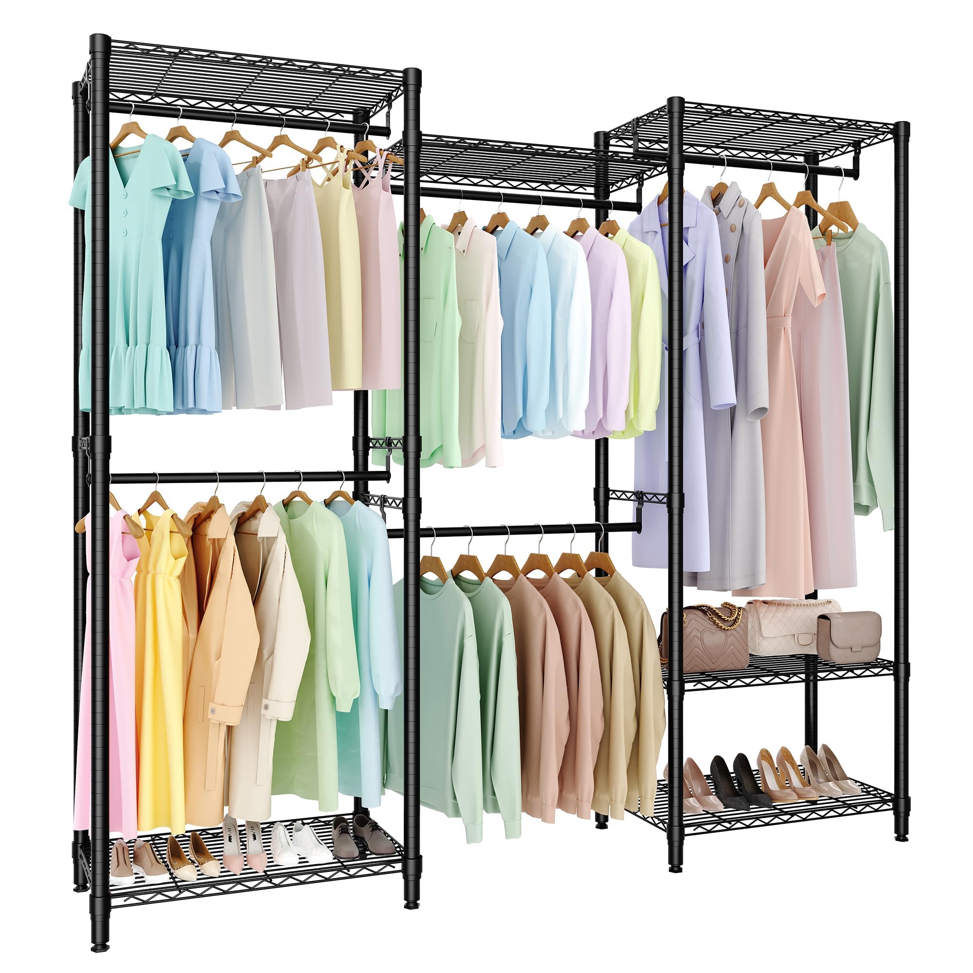 Aptliton Open Wardrobe 3 Piece Combination Metal Clothes Rack with 3 Shelves and 2 Clothes Rails, Freestanding Coat Rack, 180 x 40 x 194 cm, Black - Large Storage Wonder