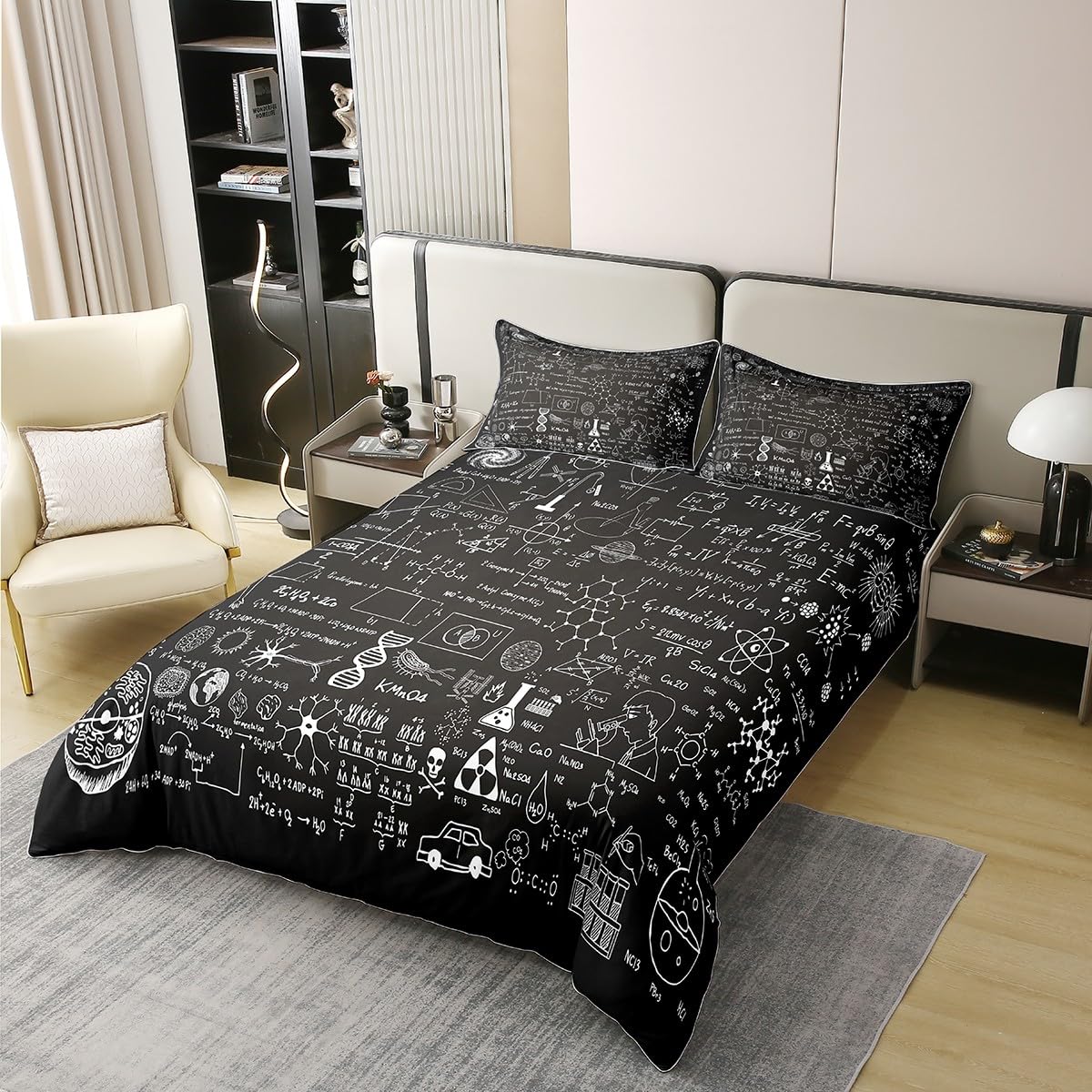 Loussiesd Juego de ropa de cama 100% algodón, 135 x 200 cm, con fórmula científica, juego de ropa de cama para niños, diseño geométrico con números, funda nórdica y cierre de cremallera