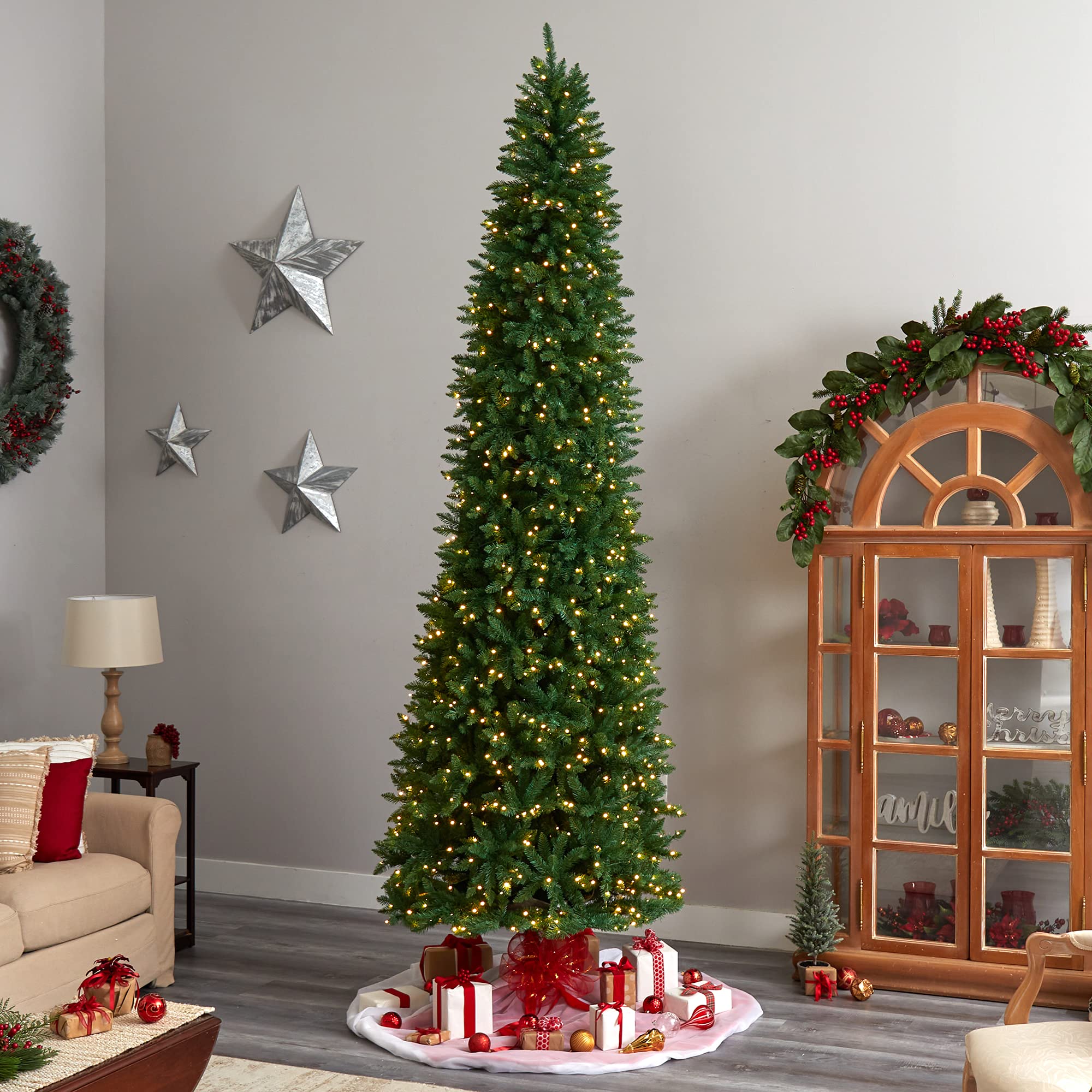 11ft. Slim Green Mountain Pine Artificial Christmas Tree with 950 Clear LED Lights and 2836 Bendable Branches