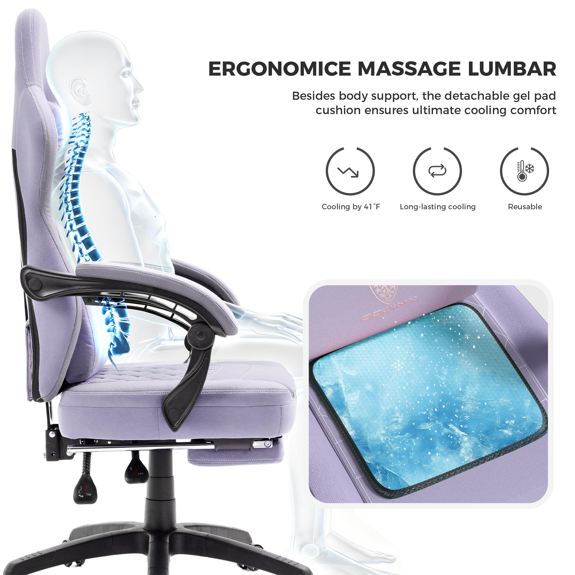 Dowinx Fotel gamingowy z poduszką żelową i poduszką z pierza, ergonomiczne krzesło biurowe z podnóżkiem, fotel gamingowy, do masażu, dla dorosłych, fioletowy