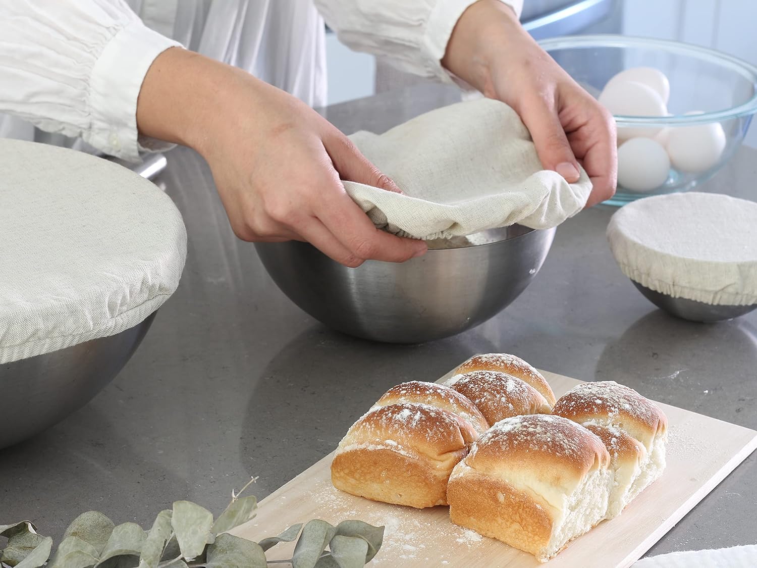 Reusable Fabric Bowl Covers for Bread Proofing - Washable, Dye-free, and All-Natural 100% Linen Cloth Bowl Covers for Bread Rising - Elastic Closure to Fit Multiple Bowl Sizes (1 XL, 1 L, 1 M, 1 S) - Image 2