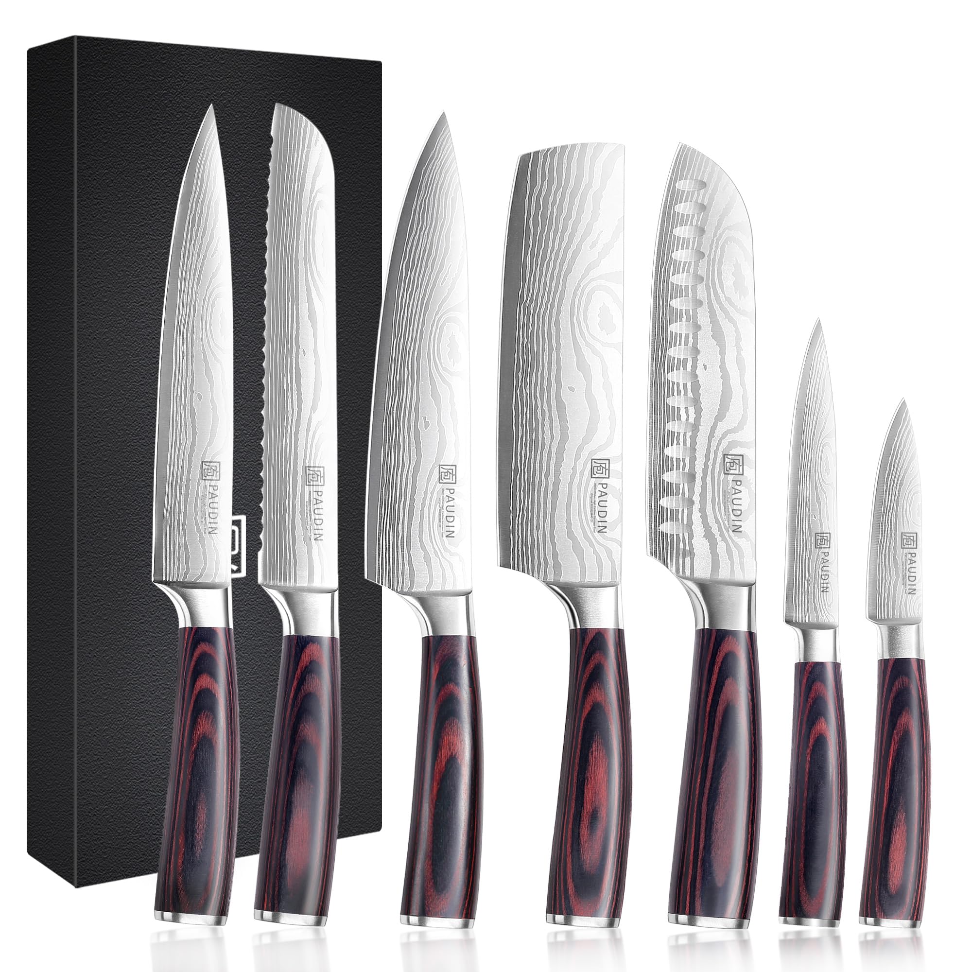 Chef Knife Set, 7 Pieces Kitchen Knife Set, High Carbon Stainless Steel, Ultra Sharp Knife Set, Professional Knives Set for Kitchen with Pakkawood Handle