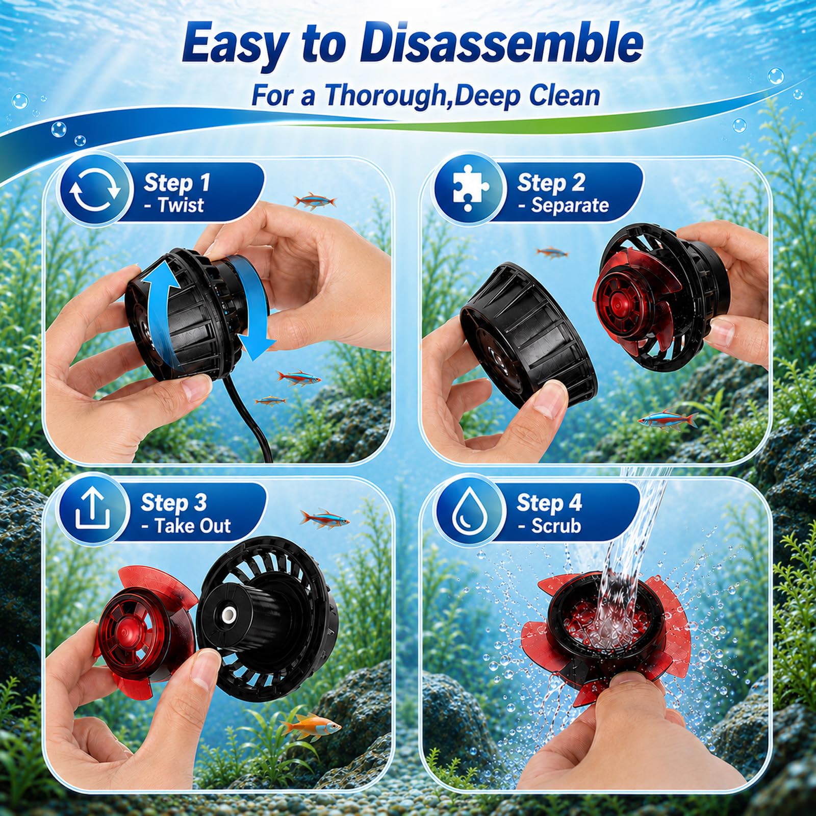 Mini Pompe de Brassage Aquarium 6W, Wave Maker Aquarium Magnétique DC | 3000L/h & 10 Vitesses, Pompe de Circulation avec 4 Modes pour Aquariums 15-189L, pour l'eau Douce et Salée