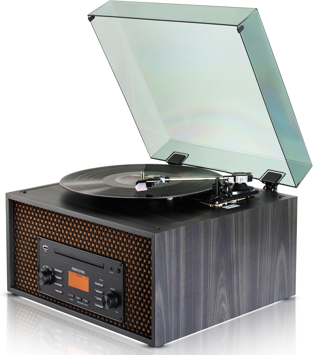 Жогорку view of Memorex MX-TT700 music center with turntable and dust cover open