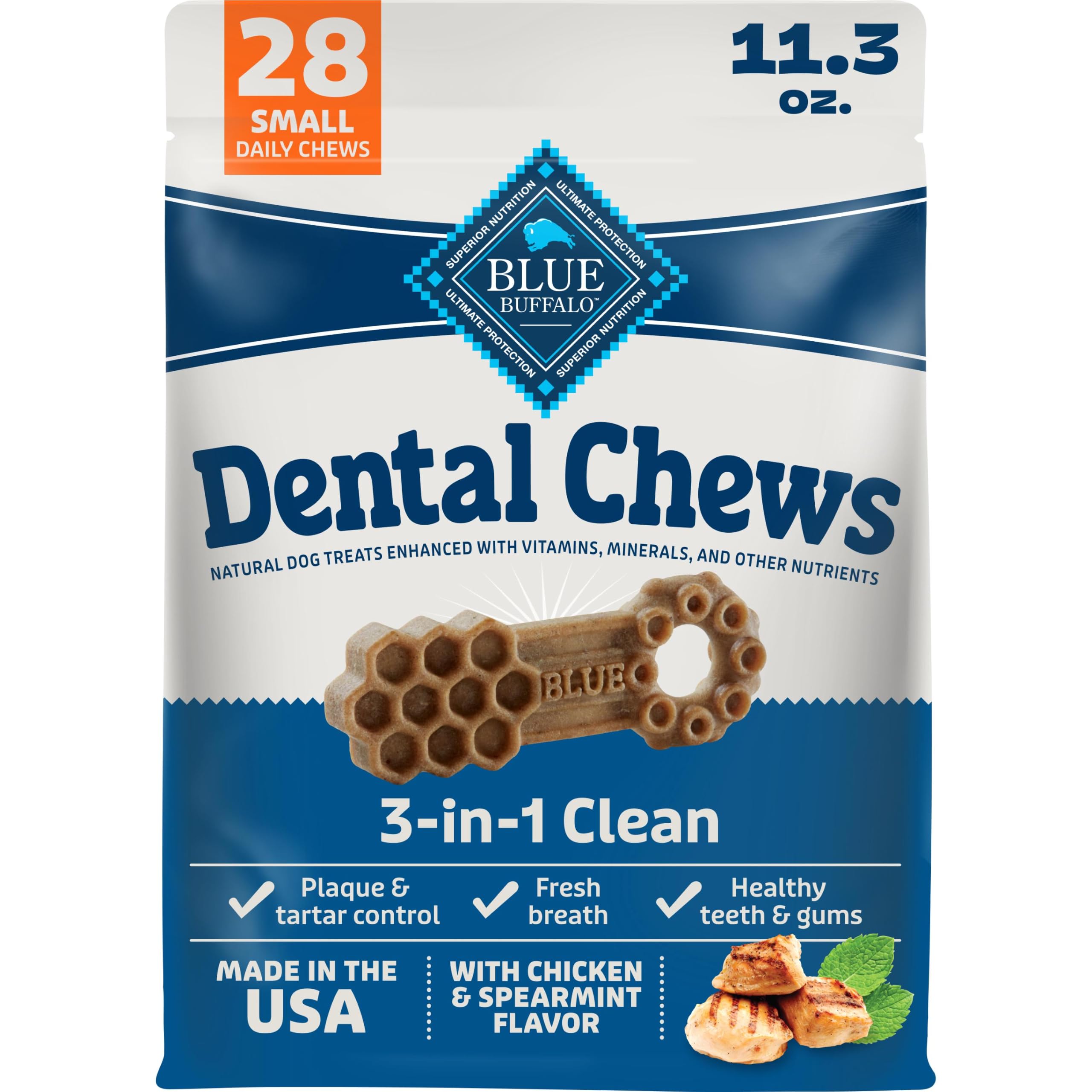 Blue Buffalo Chicken & Spearmint Small Dental Chews, 11.3 oz, 28 ct | 50 Ridges & Grooves Fight Plaque & Tartar, Spearmint Freshens Breath, Natural Ingredients