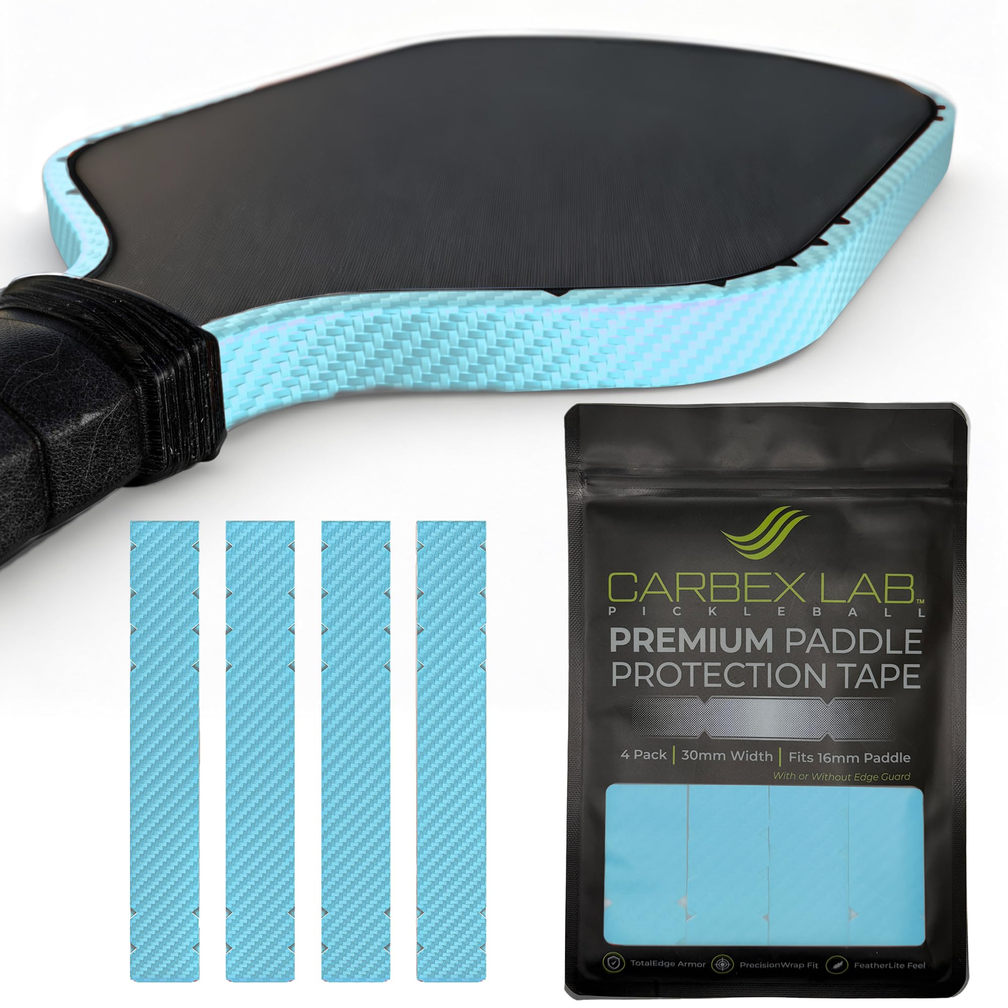 Carbex Lab Pickleball Edge Guard Tape – Carbon Ice Blue – 30mm Width for 16mm Paddle – 4-Pack PU Protection Strips – Wrinkle-Free Edge Guard, Durable Wrap, Court-Safe Accessory