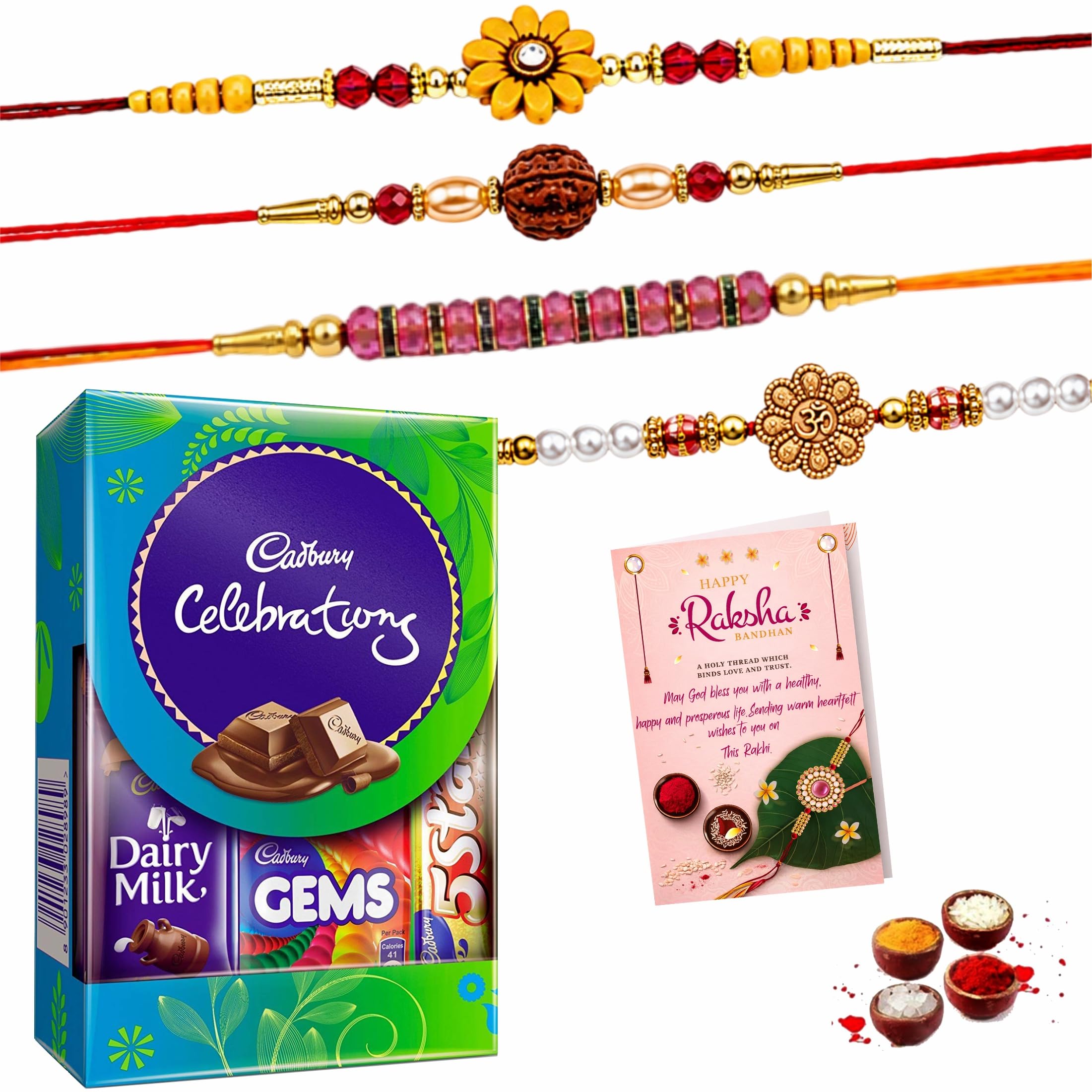 Rakhi with Chocolate for Brother-Rakhi Set of 4 for Brother/Bhai/Bhaiya with Celebration Chocolate Gift Set| Rakhi for Rakshabandhan with Roli,Chawal,Chandan,Mishri and Greeting Card-image-48