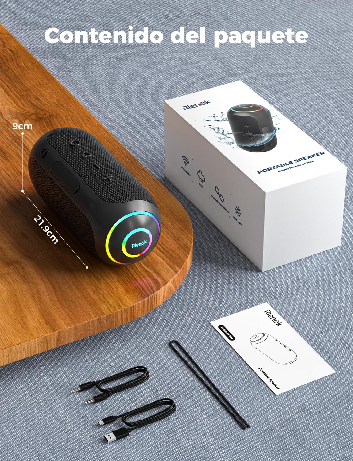RIENOK Altavoz Bluetooth Potente 40W Impermeable IPX7 5200mAh Tweeter y Woofer Bluetooth 5.3 Portátil Inalámbrica Emparejamiento Estéreo Apoya Tarjeta TF, AUX