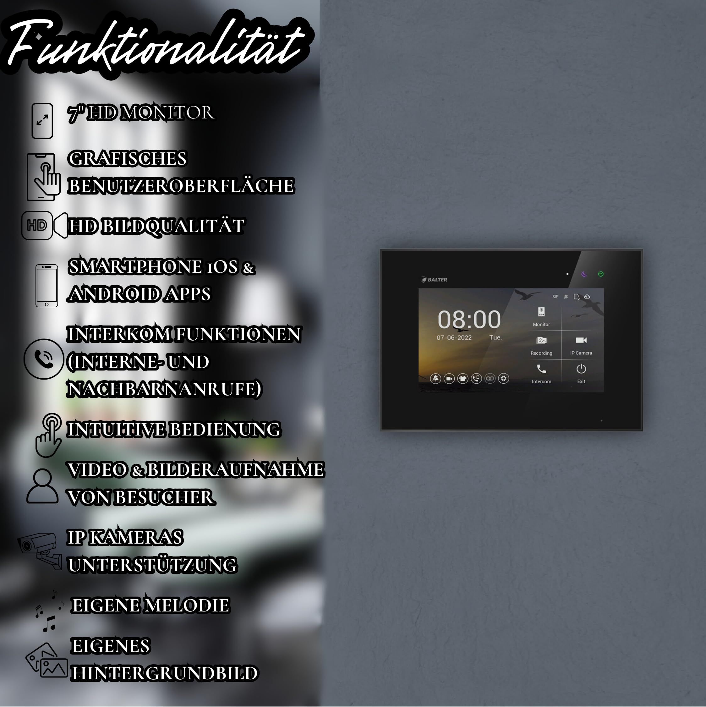 SCHUTZER Balter EVO-HD Videocitofono per 1 casa di famiglia, monitor touchscreen da 7", fotocamera grandangolare da 175°, visione notturna, tecnologia a 2 fili
