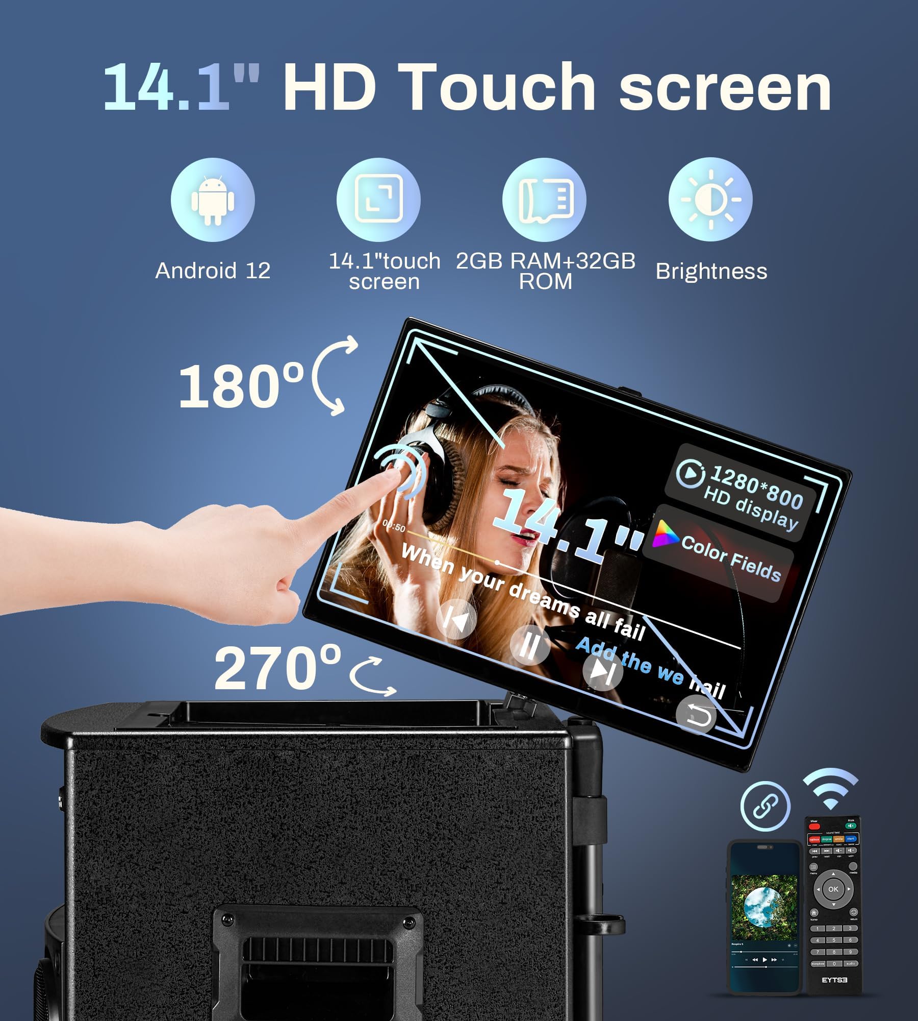 Macchina per karaoke con display con testi dello schermo per adulti, touch screen da 14,1 pollici, altoparlante portatile per karaoke, sistema PA 800 W di potenza di picco con 2 microfoni wireless