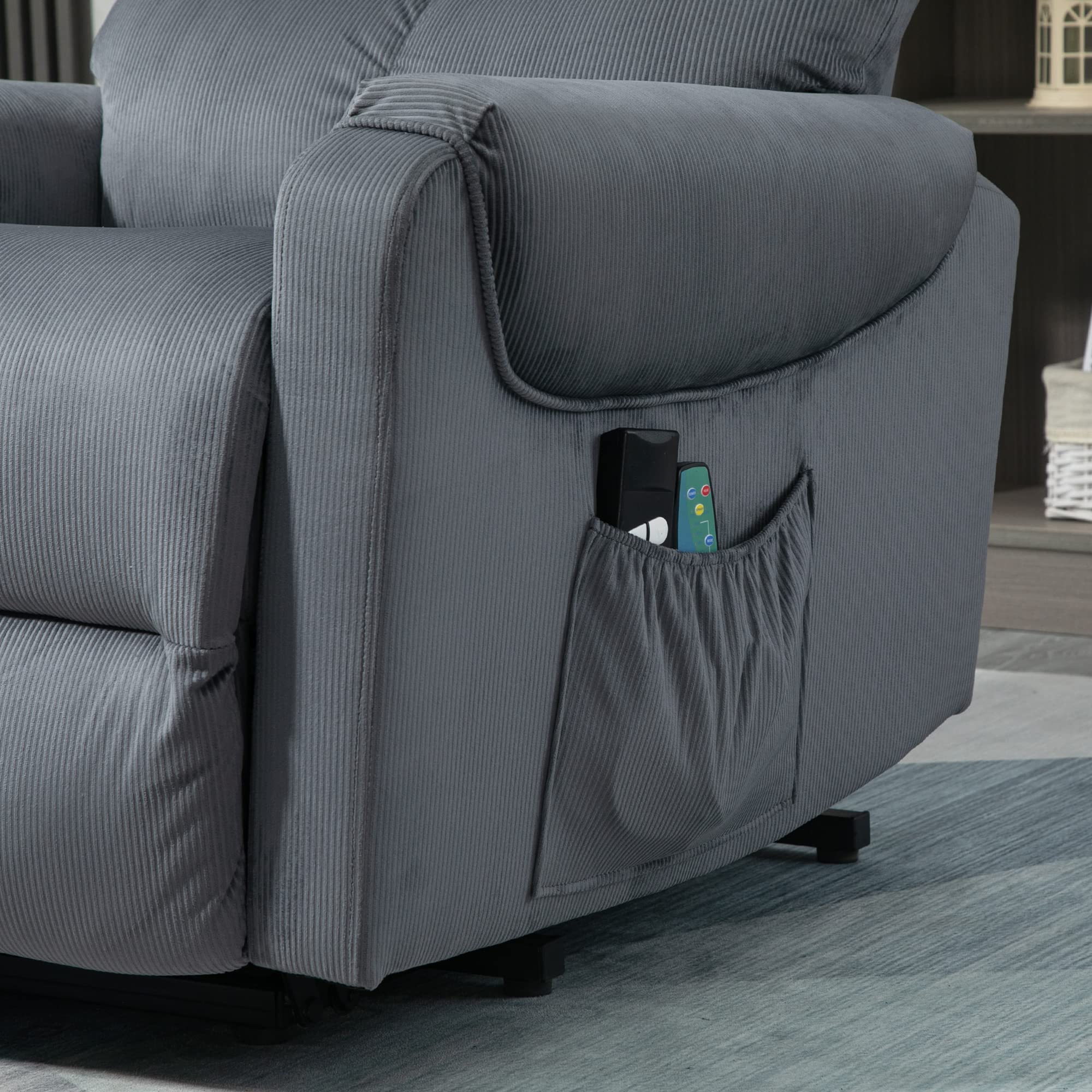 HOMCOM Fernsehsessel mit Aufstehhilfe Elektrisch, Massagesessel mit Liegefunktion und Wärmefunktion, Relaxsessel mit Fernbedienung und Seitentasche Verstellbar Polyester-Gewebe Dunkelgrau