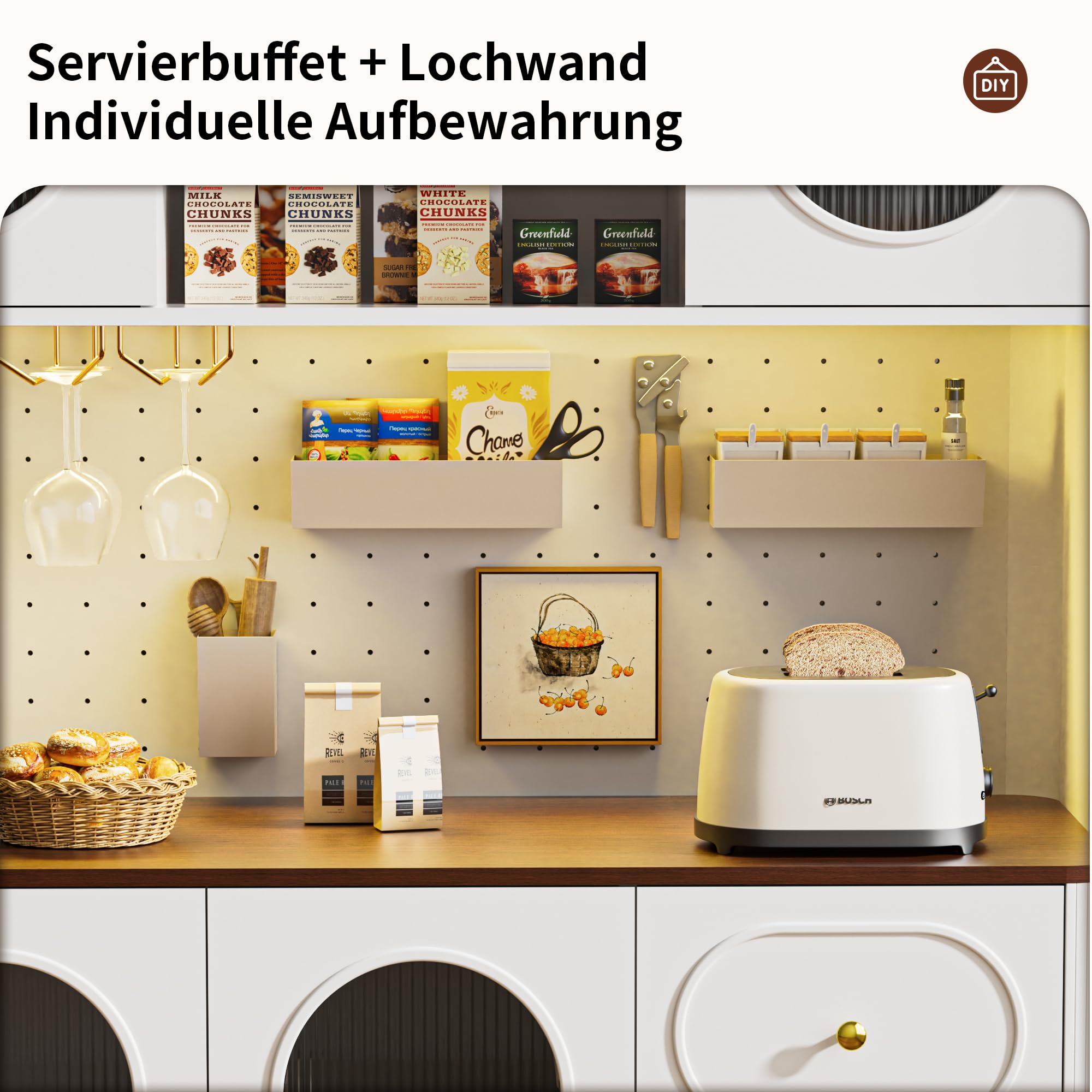 BonVache Küchenschrank, Kommode Küche mit Steckdosen und Led-Lichtleisten, Hochschrank Küchenbuffet, Sideboard, 2 Offene Fächer 3 Schubladen, Esszimmerschrank für Wohnzimmer Küche,120x41x180cm,Weiß