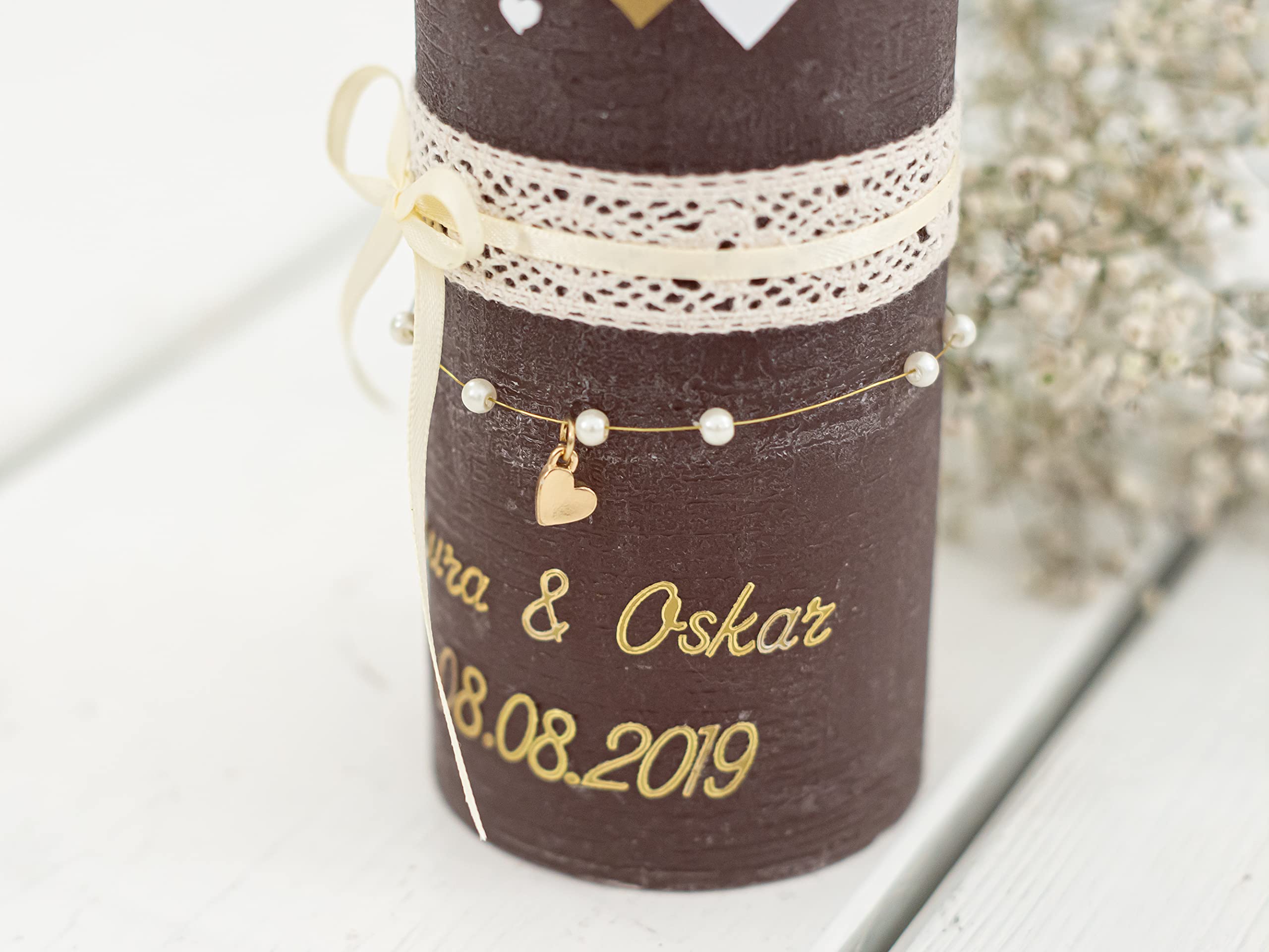 Hochzeitskerze Rustik Mallow Traukerze mit Namen und Datum, individuell, persönlich u. handgemacht 17217