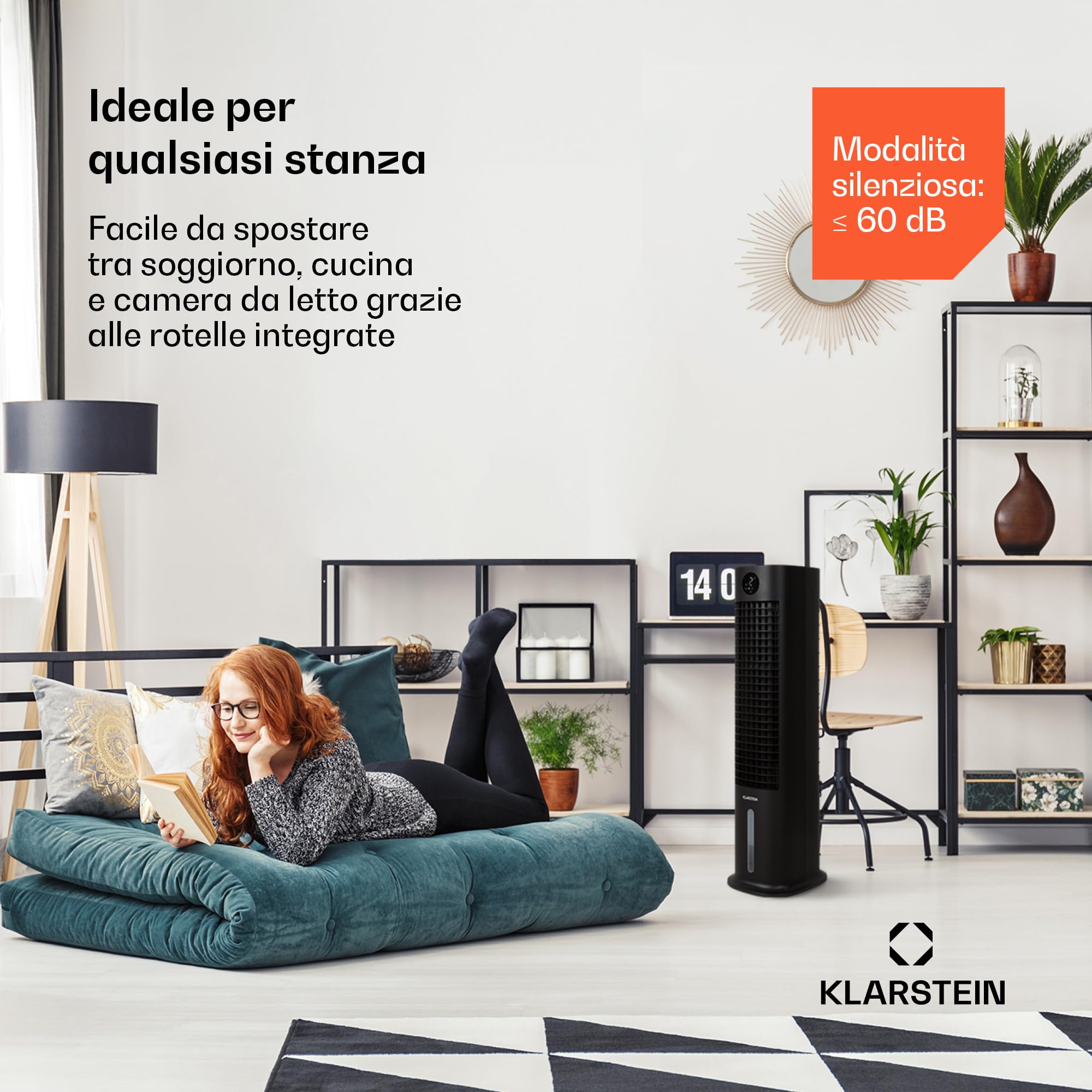 Klarstein Condizionatore Portatile Senza Tubo 80W, 5in1, Umidificatore, Climatizzatore Portatile Silenzioso con Night Mode, Ionizzatore, Ventilatore Aria Fredda, Raffrescatore 462m³/h, Serbatoio 8L