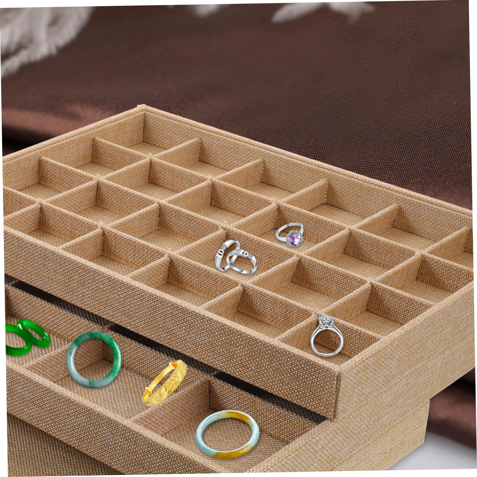 TOYANDONA 3 piezas Bandeja Organizadora de Joyas de Lino Apilable para Mujer Almacenamiento Práctico con Compartimentos para Anillos Pendientes Collares Caja Ligera y Portátil para Viaje y