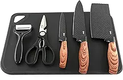 OSTER CONJUNTO DE FACAS 6 PEÇAS GUNDERSON - LÂMINAS EM AÇO INOXIDÁVEL COM REVESTIMENTO ANTIADERENTE - 1 CUTELO, 1 FACA DO CHEF, 1 FACA UTILITY, 1 DESCASCADOR, 1 TESOURA, 1 TÁBUA DE CORTE