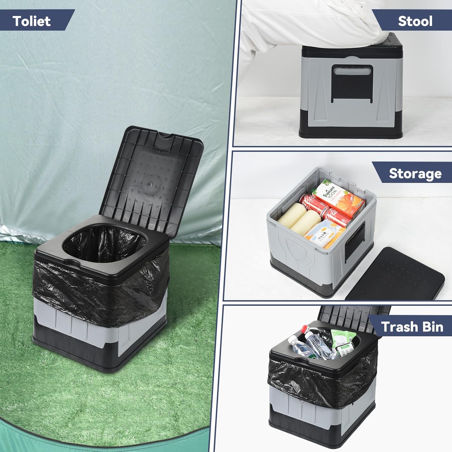 Collapsible Portable Toilet for Camping, Travel, Outdoor, Car, RV & Emergency Use, Lightweight Potty with Paper Holder for Adults & Kids