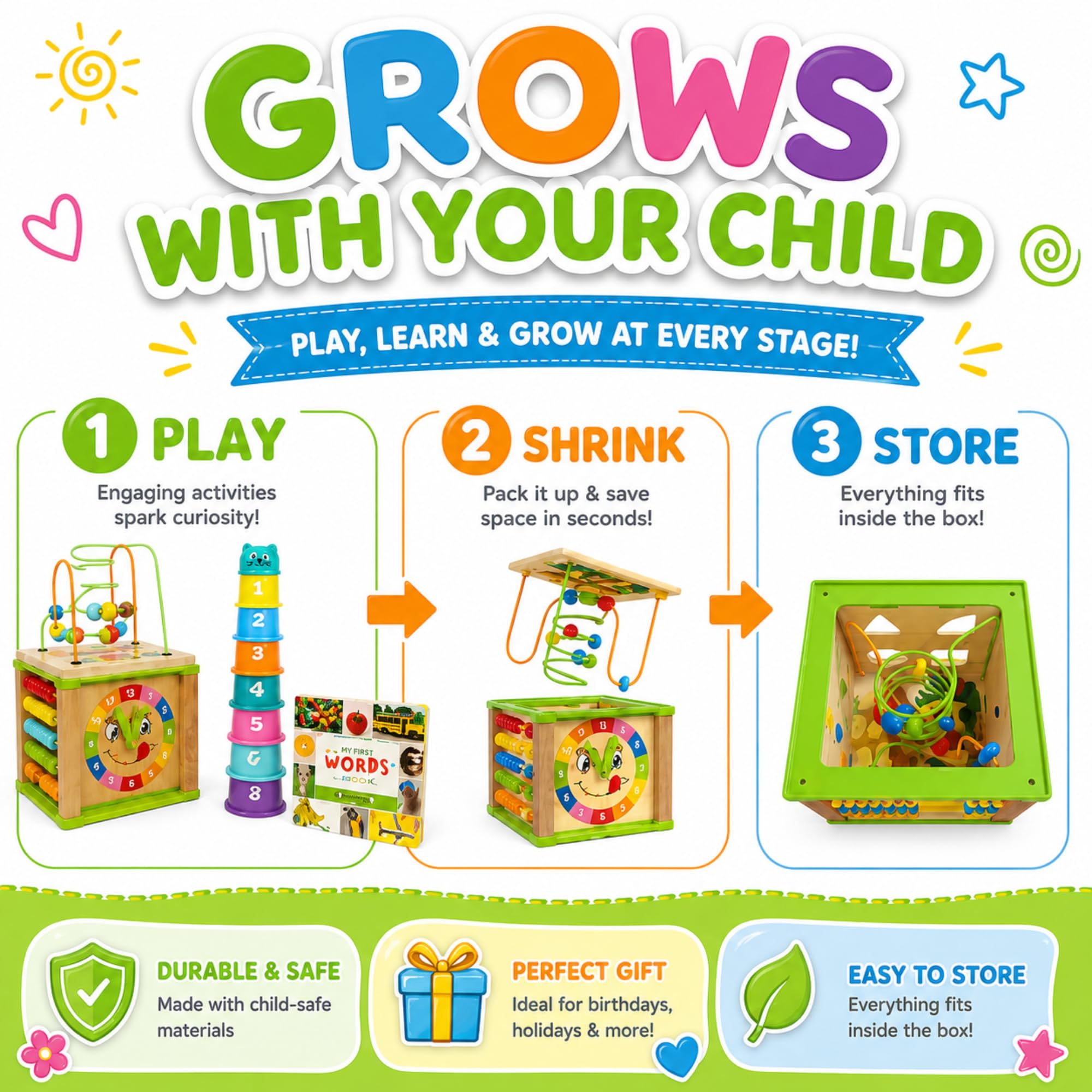 Wooden Activity Cube for 1 Year Old - Perfect Gift! -7