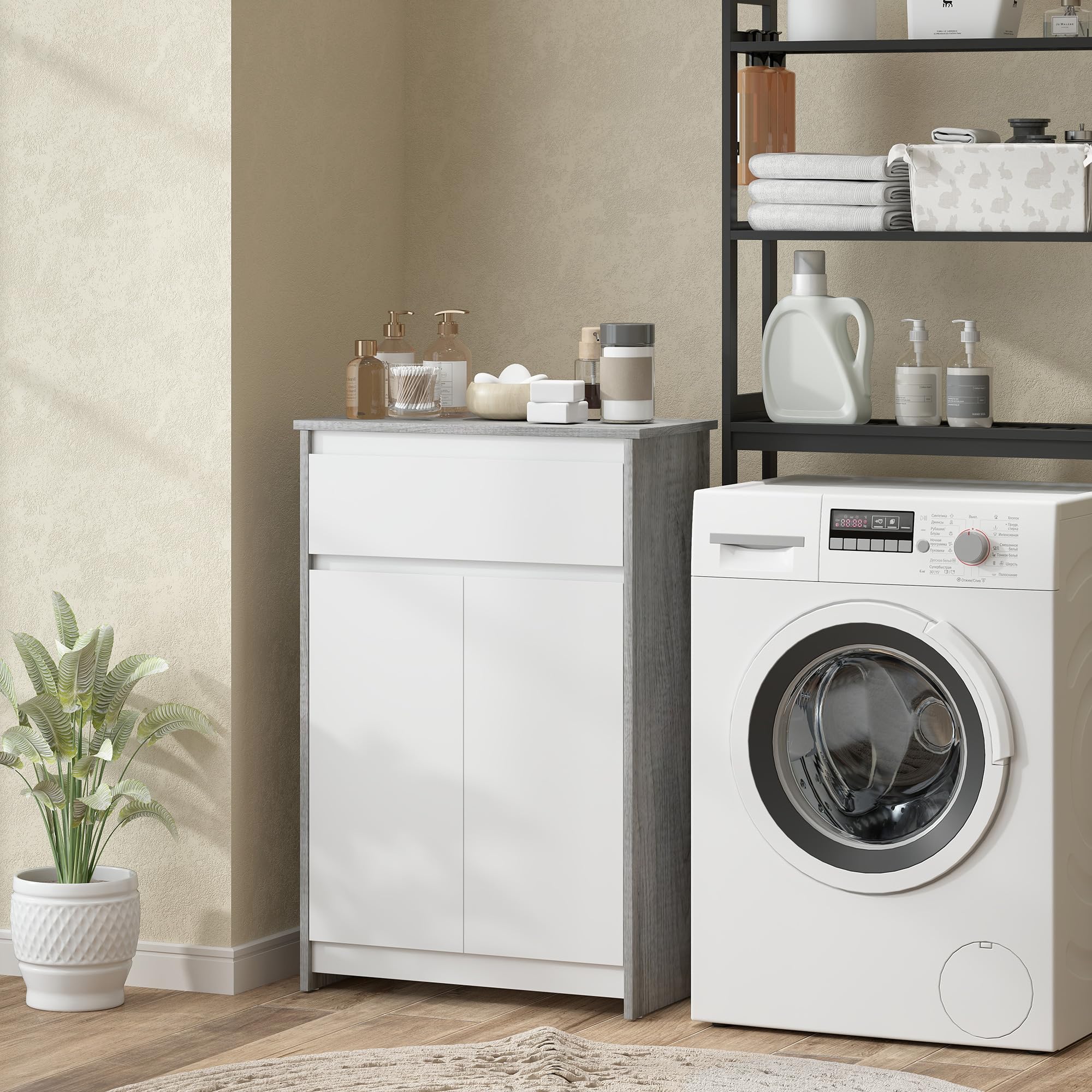 kleankin Mobile Bagno con Cassetto e Ante Doppie Grigio e Bianco | Mobiletto Bagno Salvaspazio, per Lavanderia, Effetto Legno
