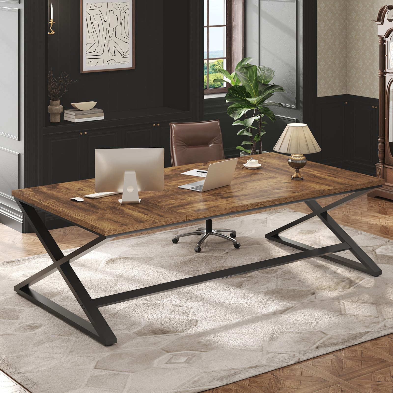 IBF 200 cm Schreibtisch Groß X Bein PC Tisch Computer Desk Rustikal Eiche | PC Gaming Büro Homeoffice Arbeitszimmer Schreibtisch Computertisch Bürotisch groß aus Holz Eiche
