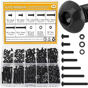 546 Pieces M3 Screws Nuts Washers Set Black, Sutemribor M3 x 6/8/12/16/20/25/30mm Button Head Socket Cap Screws Nuts Washers Assortment Kit, 10.9 Grade Alloy Steel, Fully Threaded