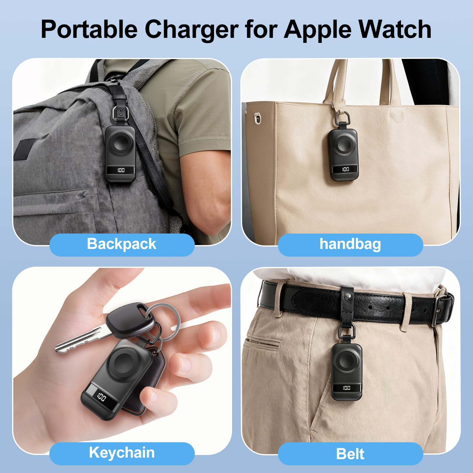 Caricabatterie portatile per Apple Watch, 2500 mAh e schermo digitale, caricabatterie magnetico a ricarica rapida per viaggi e portachiavi, funziona con Apple Watch Series (nero)