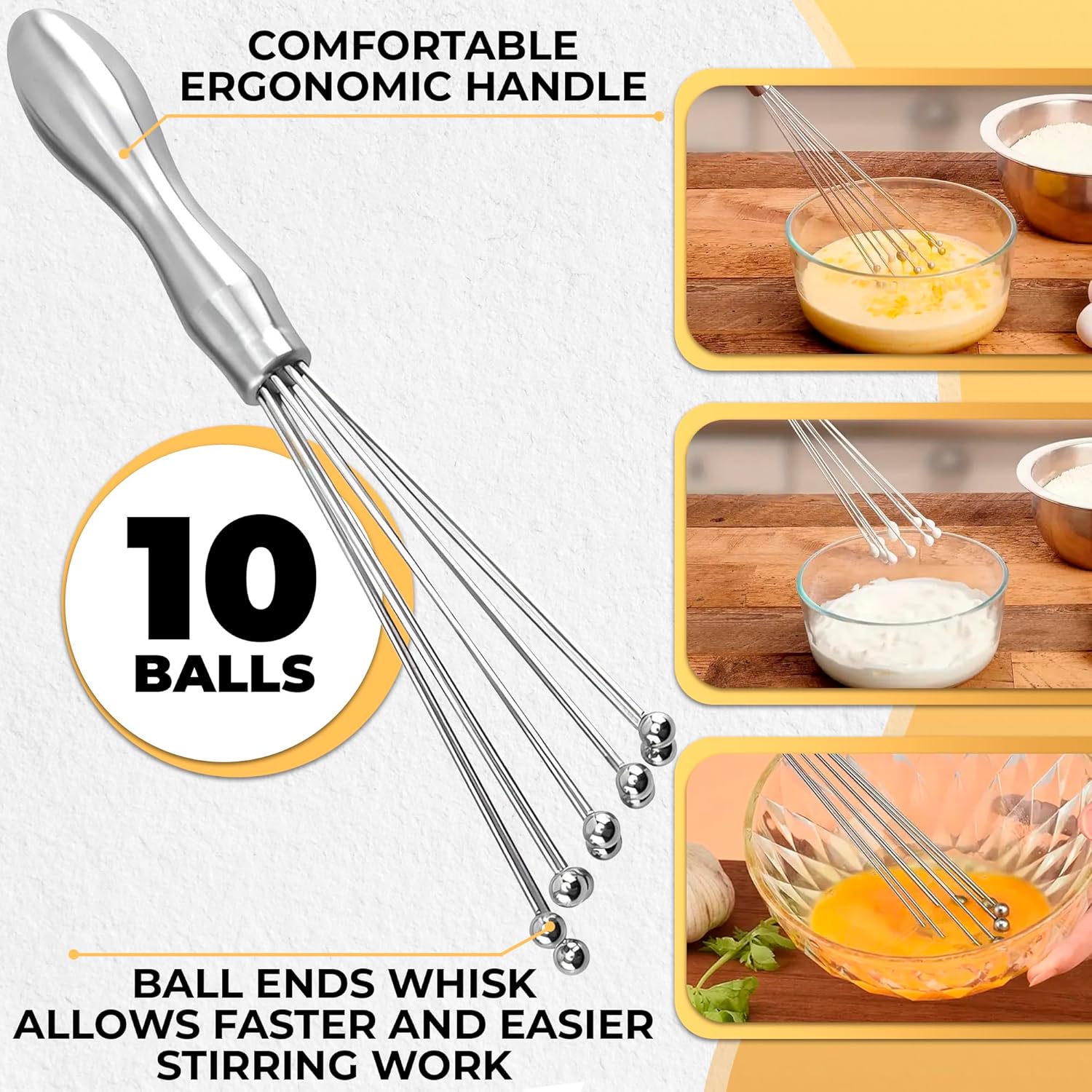2 Pcs Ball Whisk Set — Stainless Steel Whisk Set with Comfortable Ergonomic Handle | Excellent for Eggs, 10 Ball Head, Easy to Clean — Compact 12” & 10” for Versatile Stirring - Image 3