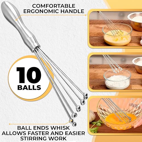 Miniatura 3 de Juego de batidores de bola de 2 piezas, juego de batidor de acero inoxidable con cómodo mango ergonómico, excelente para huevos, 10 cabezas de bola,