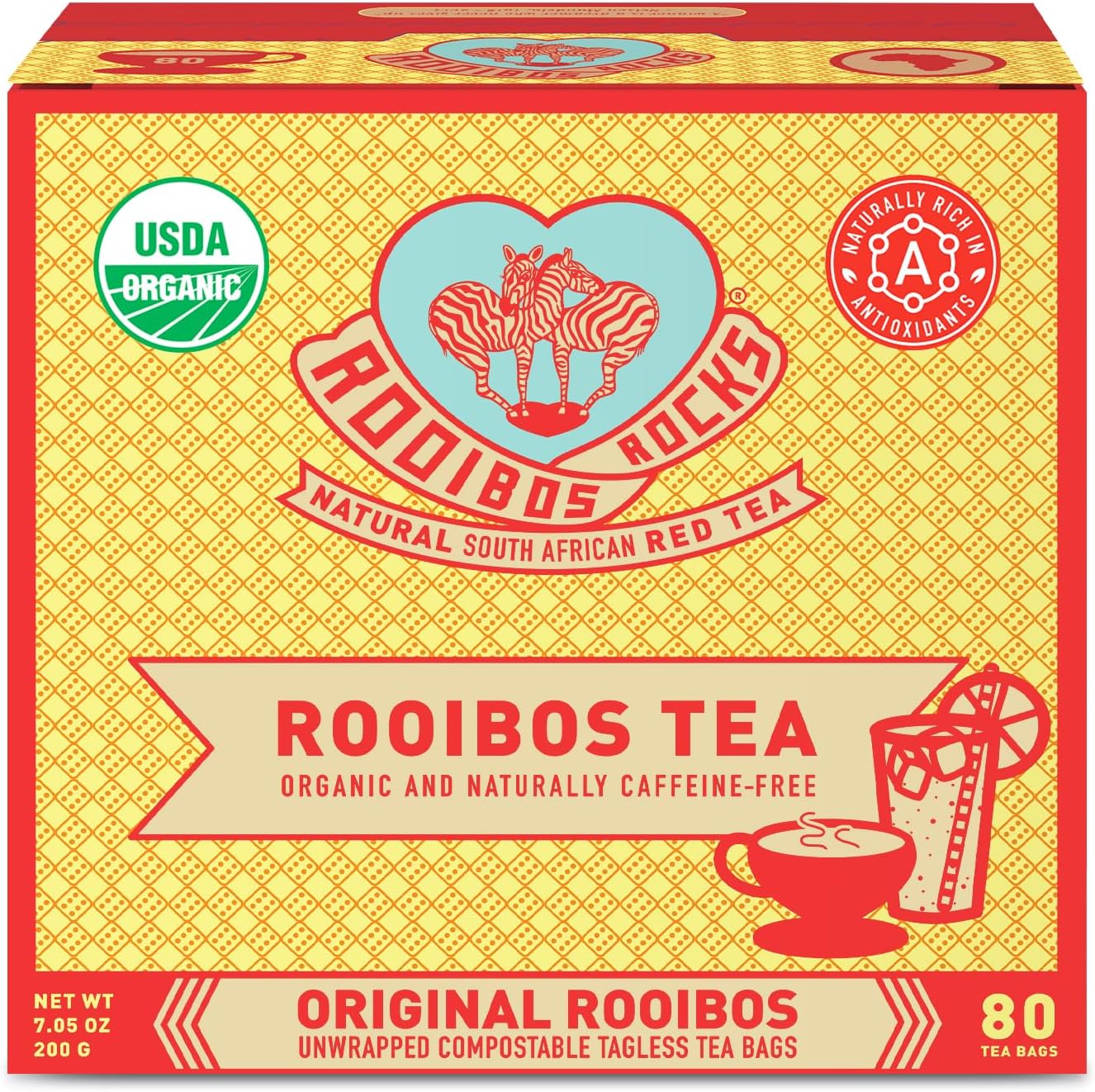 Caffeine Free Organic Rooibos Tea Bags 80 - Naturally Sweet Herbal Tea Safe for Kids & Pregnant Women – Low Tannin Premium South African Tea Red Tea - Sustainably & Ethically Farmed Red Rooibos Tea