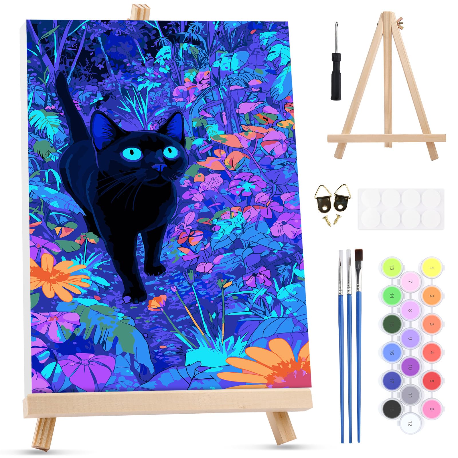 MXJSUA Black Cat Framed Paint by Numbers Kit for Adults Beginner with Wooden Easel, Adults' Paint-by-Numbers on Canvas, Easy DIY Acrylic Number Painting for Home Decor Gifts, 20x30cm