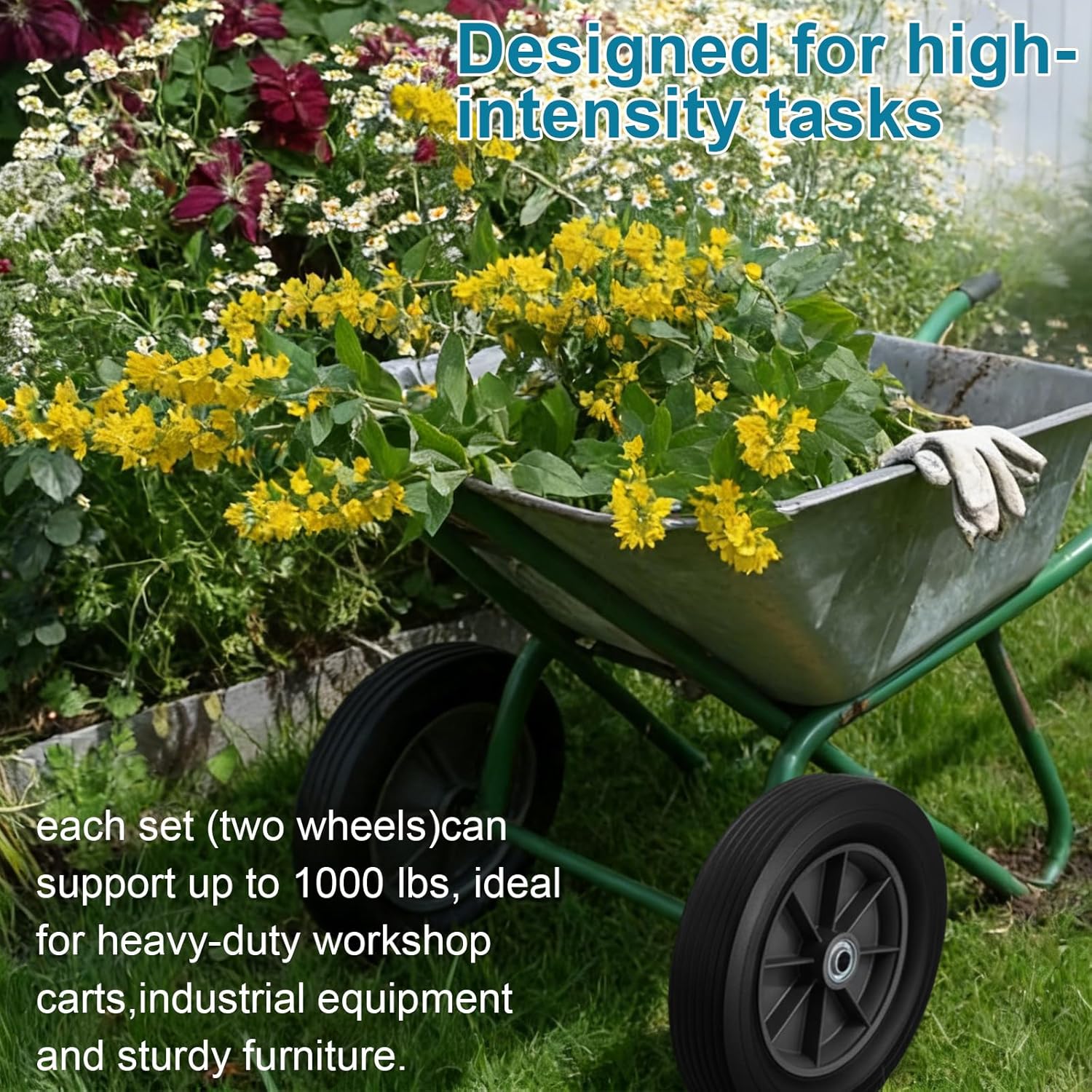 BBTO 2 Pack 12" Flat Free Solid Rubber Wheels & 5/8" Swivel Caster Set, 1000lb Load Capacity, Quiet Non-Marking Tires for Hand Trucks, Carts, Trailers & Moving Equipment