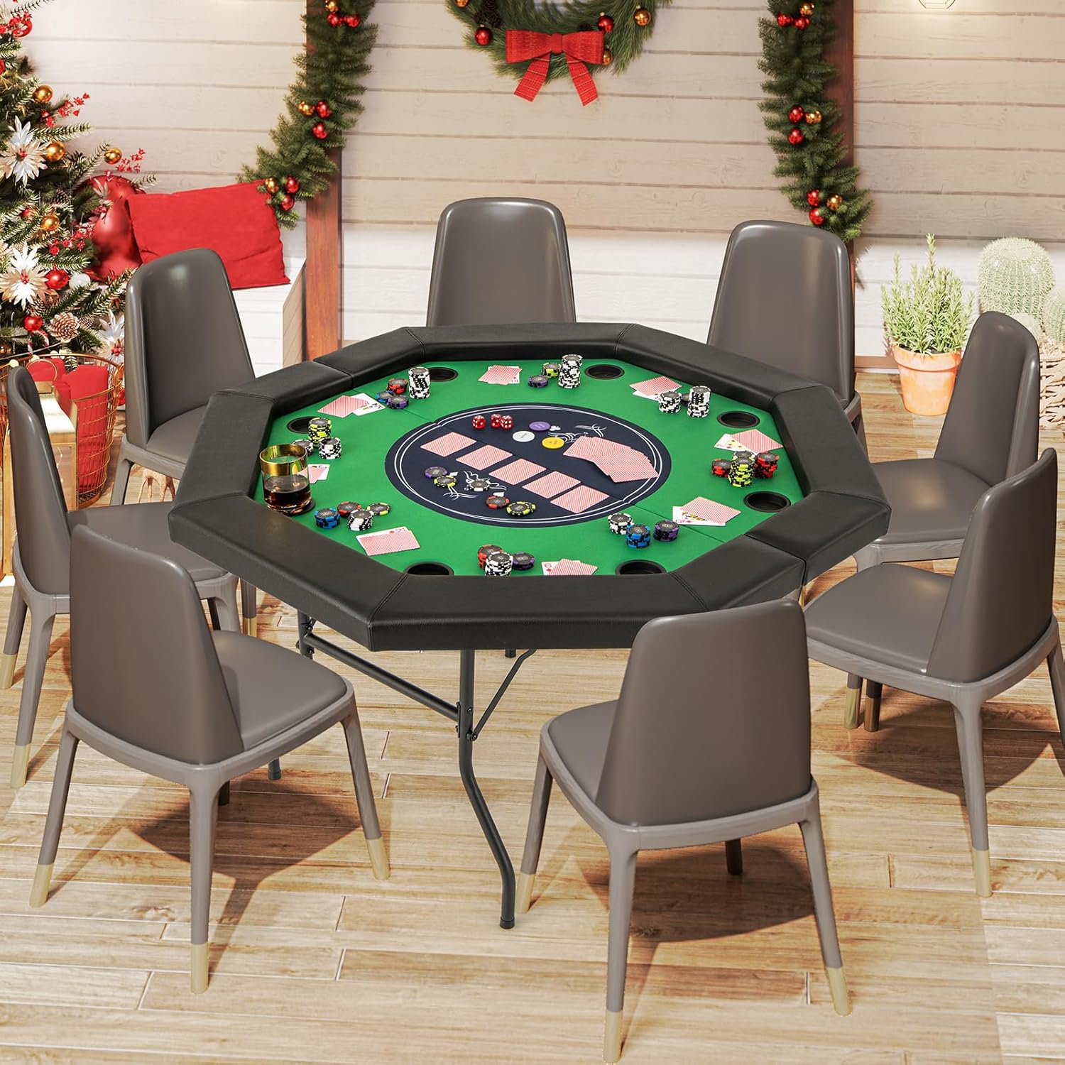 Giantex 48" Poker Table Foldable - 8 Player Octagon Texas Holdem Poker Tables w/ 8 Cup Holders, Casino-Grade Felt Surface, Padded Rails, Portable Folding Card Game Table for Blackjack (Green+Black)
