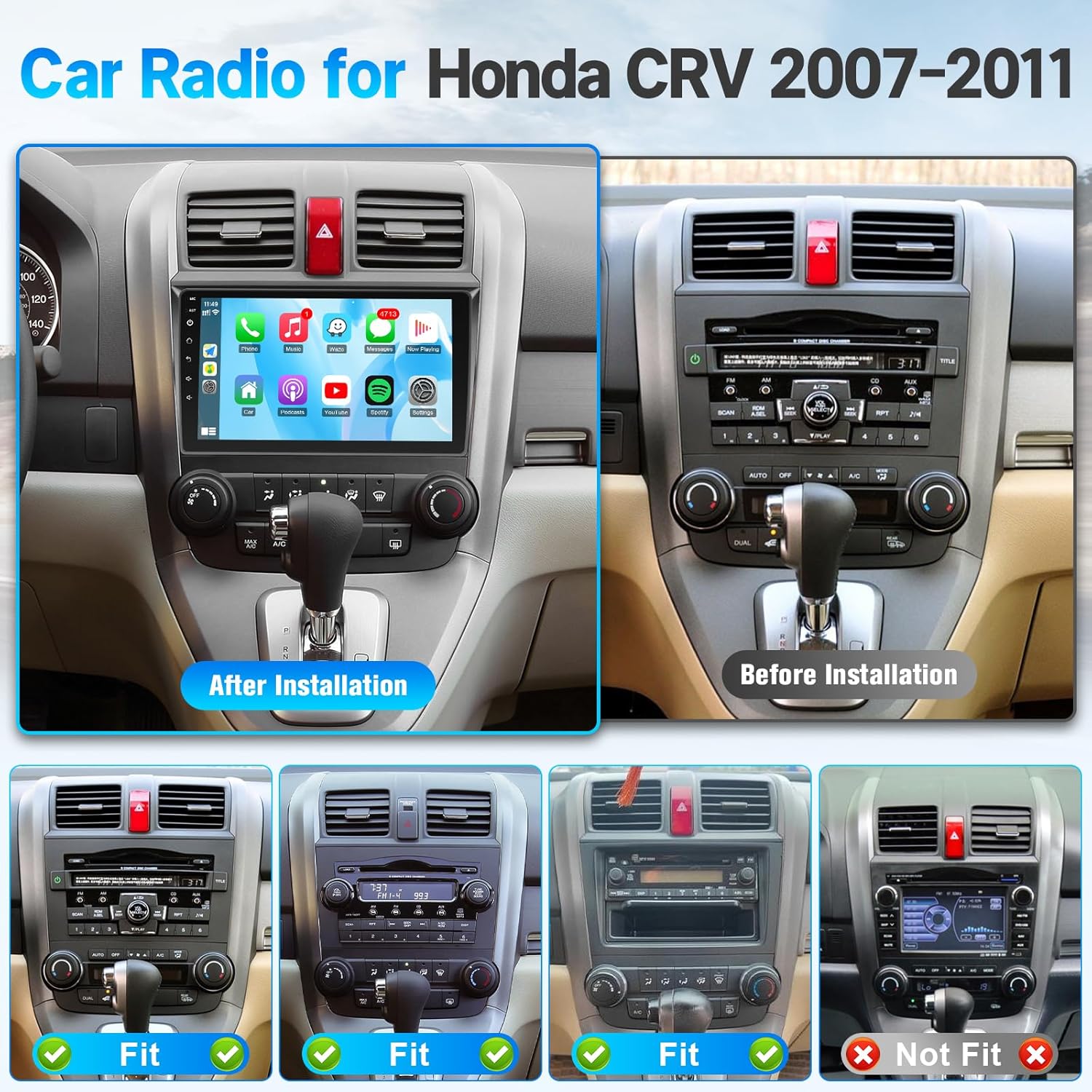 Android Car Radio Stereo for Honda CRV 2007 2008 2009 2010 2011-9" IPS Touchscreen Head Unit Radio Player with Carplay Android Auto Mirrorlink in-Dash GPS Navigation Bluetooth WiFi FM