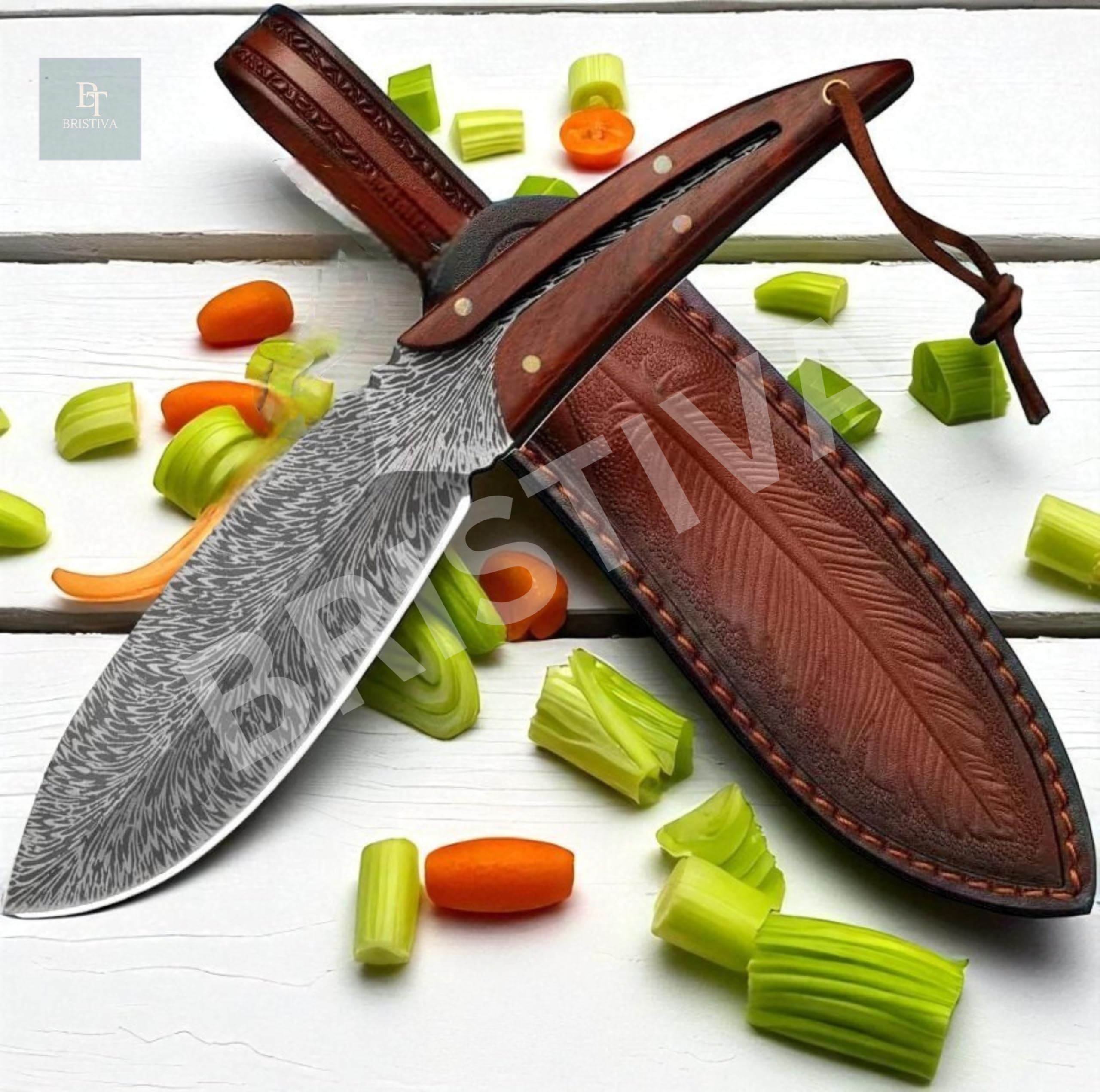 BRISTIVA Chef Knife with Wooden Handle, Handcrafted Kitchen Knife, Feather Pattern Blade, Leather Sheath