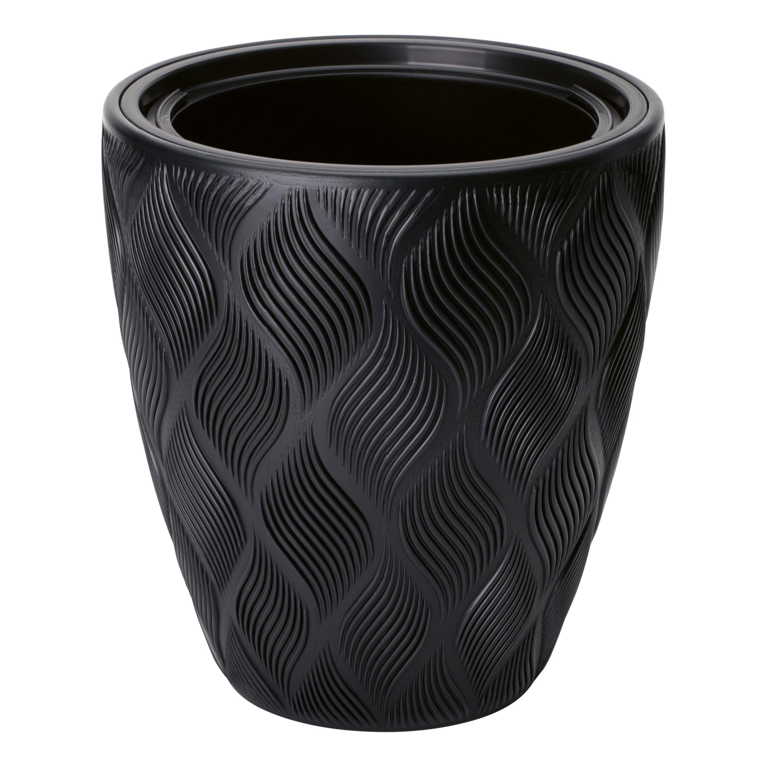 B2C Round Tall Plant Pot Elegant Large Flower Indoor Outdoor Garden Planters Flow High 5 Colours Wave Plastic Textured With insert (Black, H32cm x D29cm)