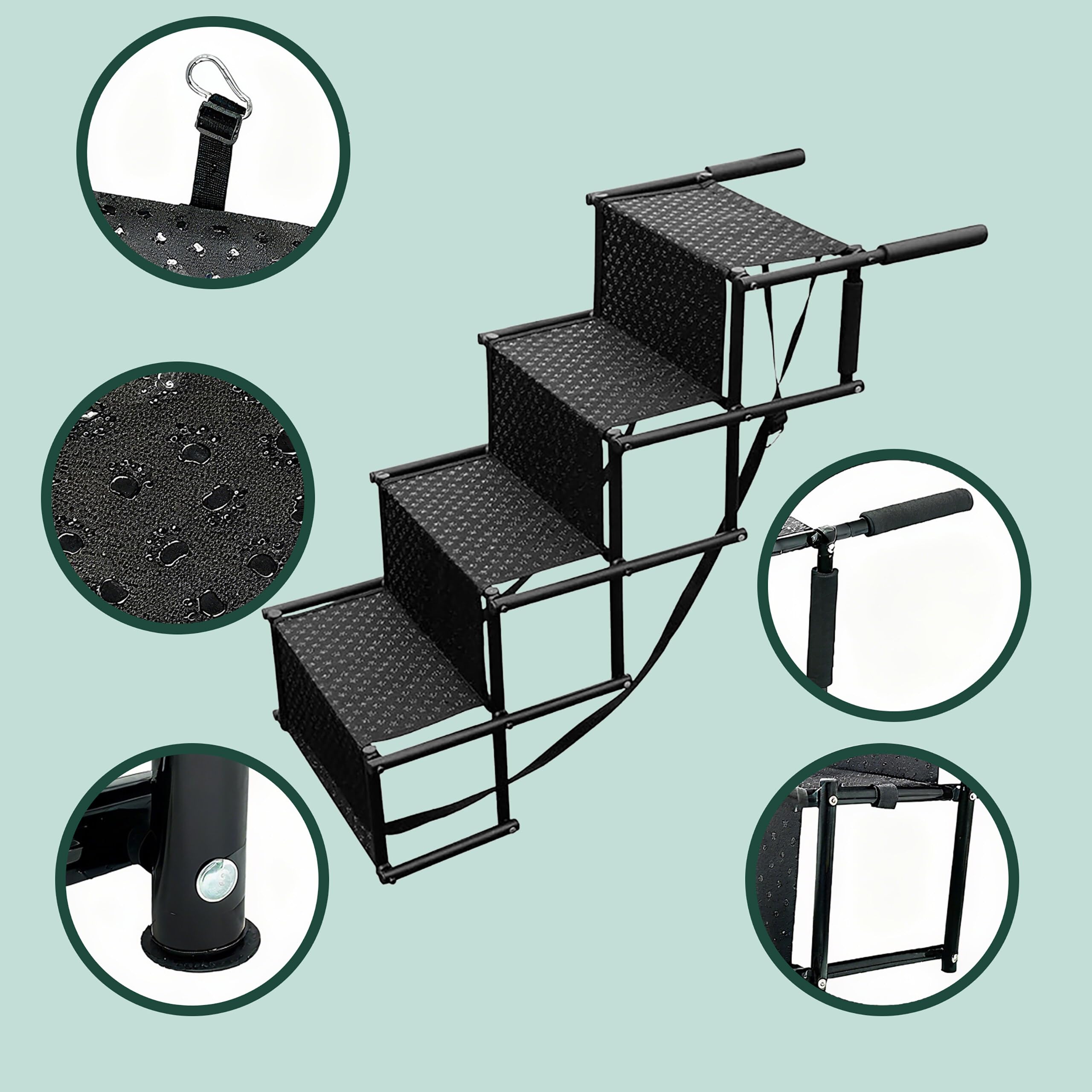 Rampa Plegable Relaxdays para Coche y Perros, 4 peldaños, Antideslizante, 76x101x45 cm, Acero y Tejido Oxford, Negro