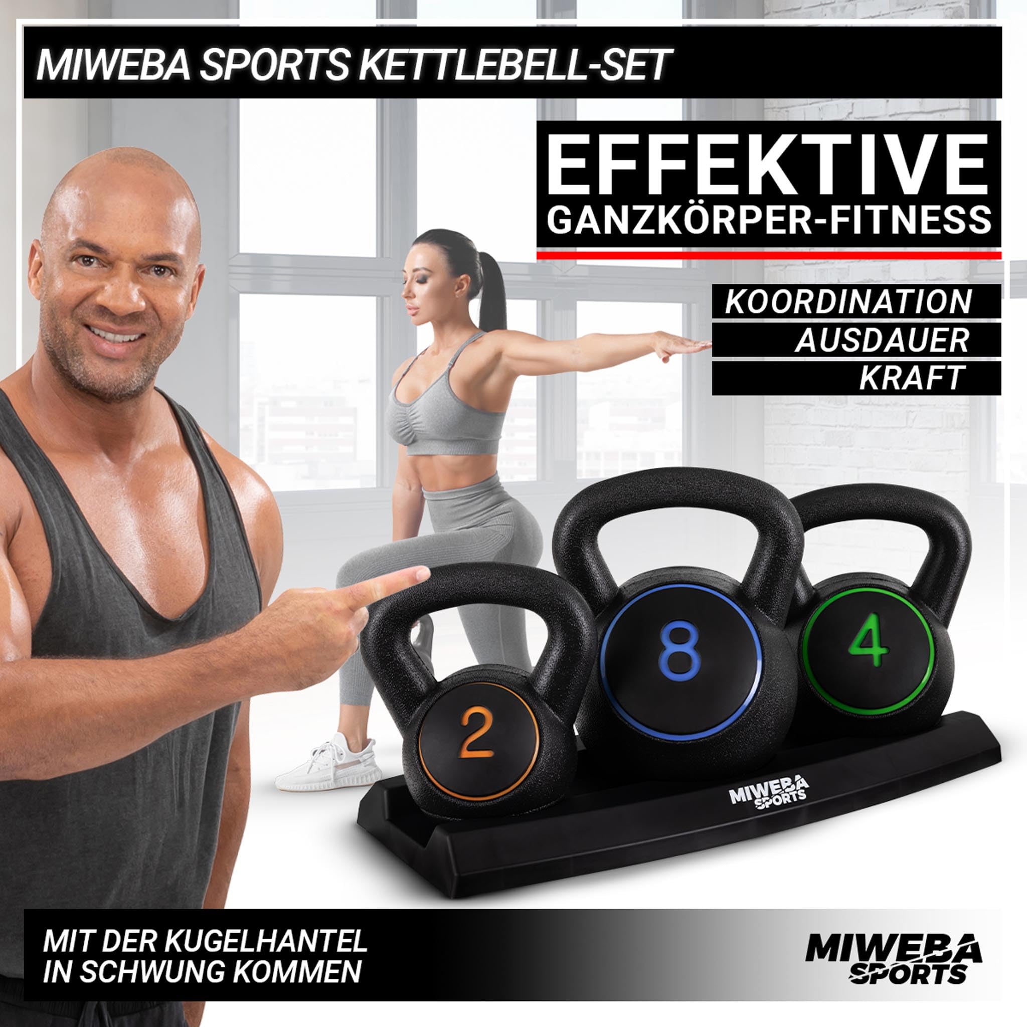Miweba Sports Kettlebell | Hanteln Set - Gewichte 2 | 4 | 8 kg - Kettlebell Set - Hantel Set - Kettlebells - Fitness Zubehör inkl. Ablage - Krafttraining - Kugelhantel - Kugelgewicht - Schwunghanteln