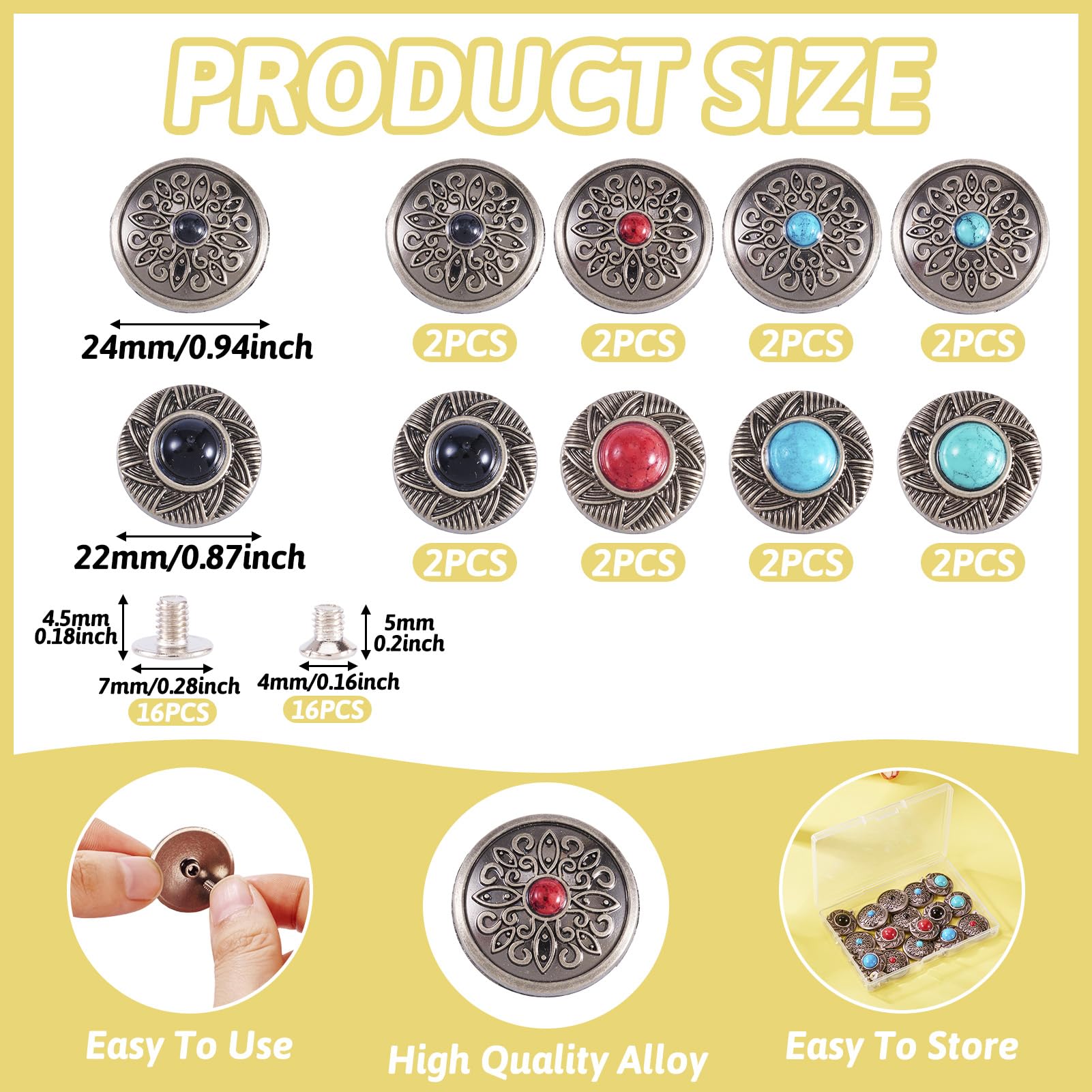 PandaHall 16 Sets Screwback Rivets Gunmetal Leather Rivet Buttons Turquoise Decorative Rivets Studs for Purse Handbag Shoes Leather Craft Clothes Belt - Image 2