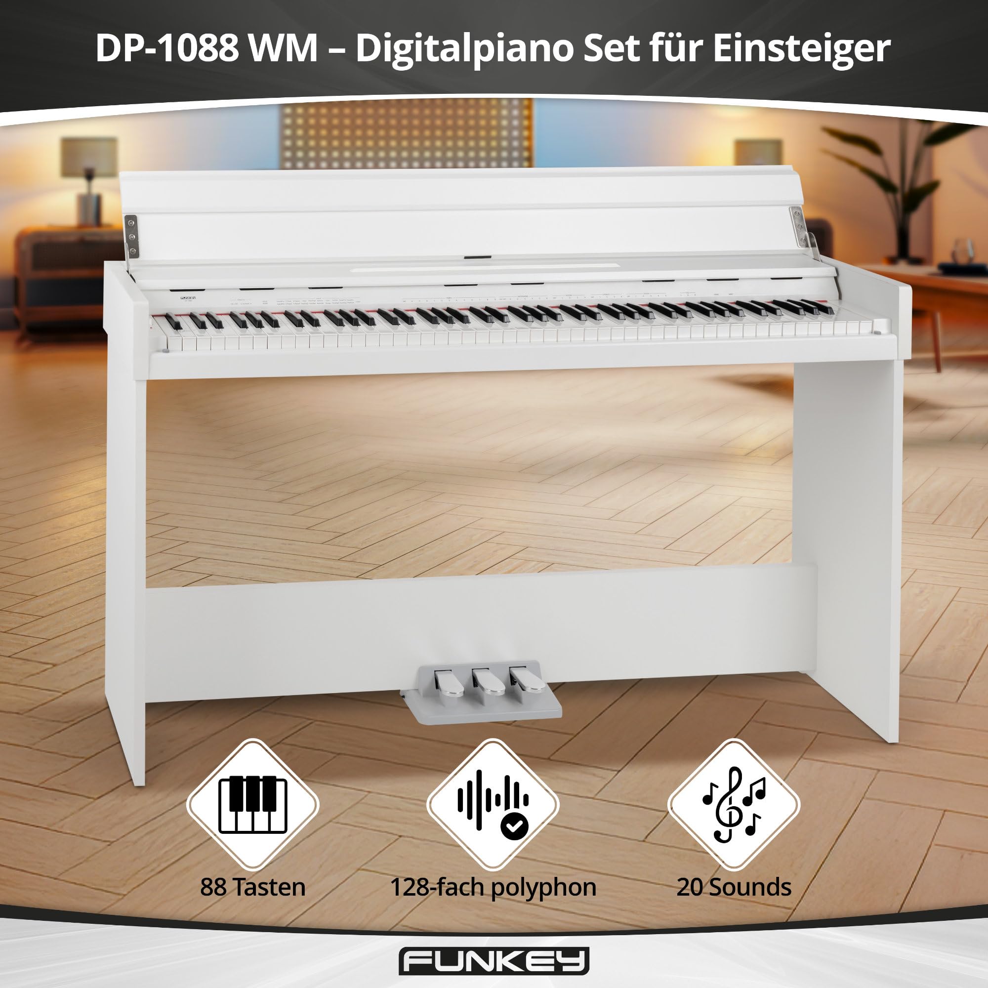Funkey DP-1088 WM Piano numerique set - 88 touches clavier fin - 20 sons, unité de pédale incluse - Banc et casque inclus - Blanc mat