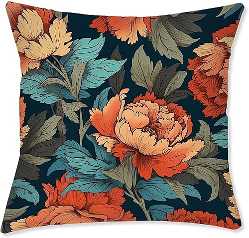 Juego de 2 fundas de cojín Chinoiserie Coral Peony Floral Peony Flower Teal Green y Rojo, impermeables, estilo asiático, chinoiserie, para
